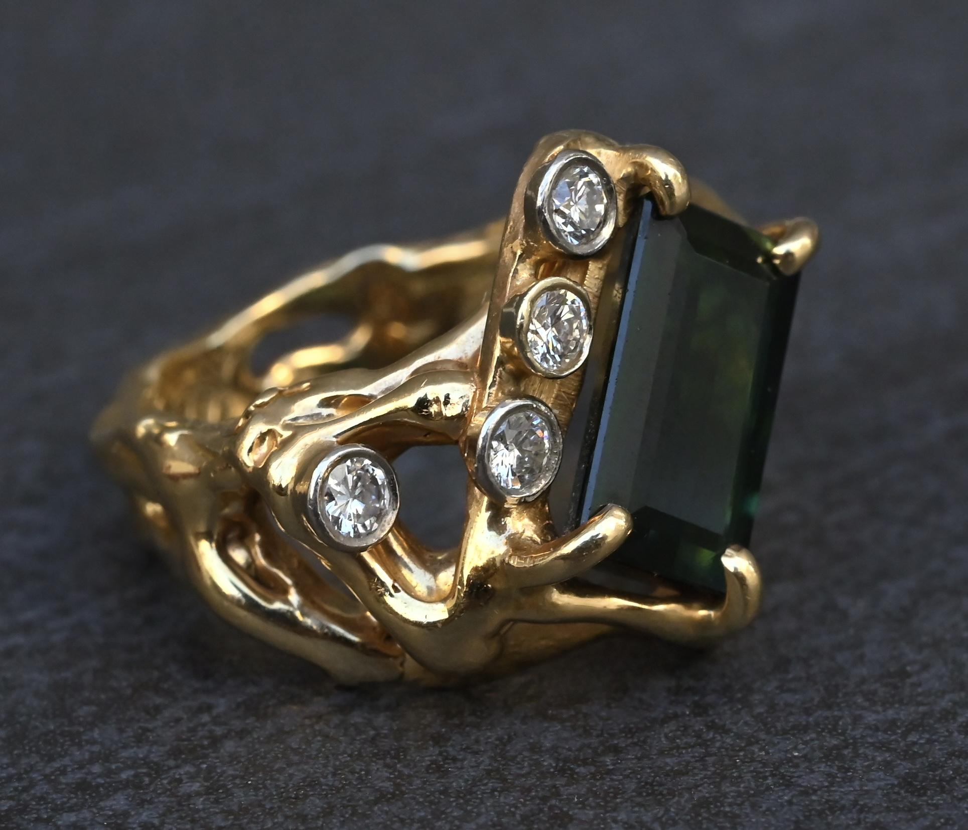 IGI Certified 3CT Emerald Cut Green Tourmaline Diamond Ring 14K Size 7.25