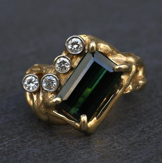 IGI Certified 3CT Emerald Cut Green Tourmaline Diamond Ring 14K Size 7.25