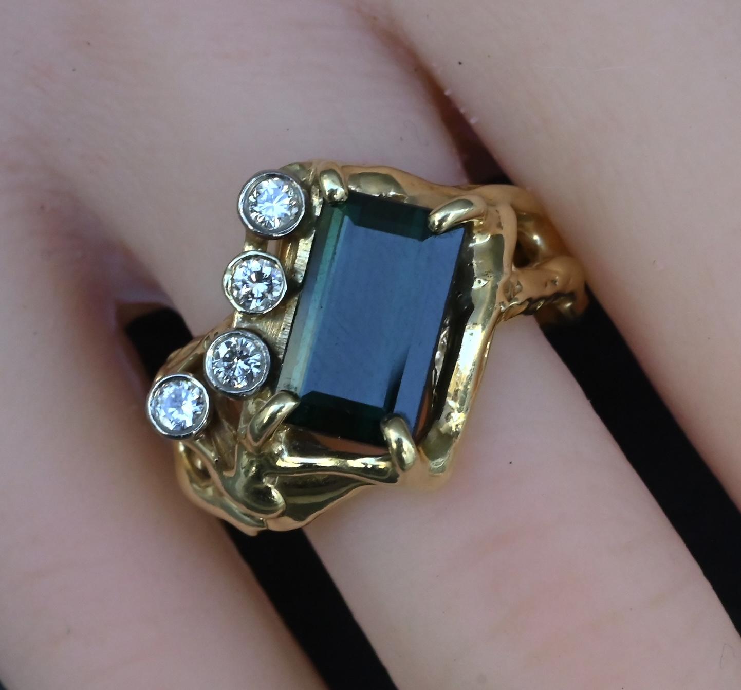 IGI Certified 3CT Emerald Cut Green Tourmaline Diamond Ring 14K Size 7.25