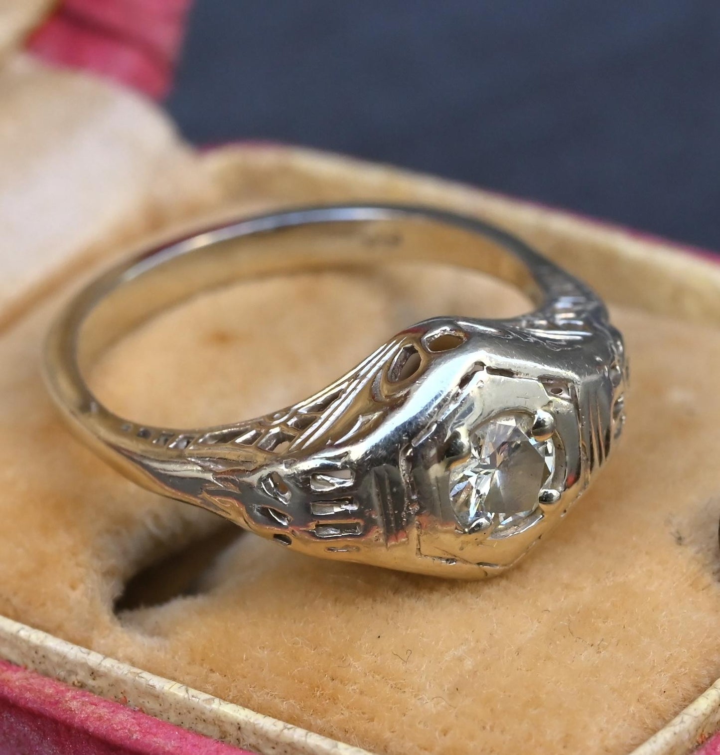 Antique Art Deco 14K White Gold 0.25 CT Round Diamond Ring Size 5.75 IGI Cert.