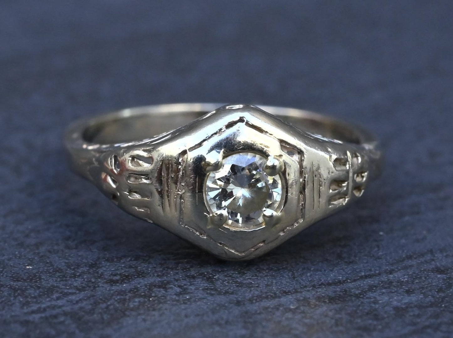 Antique Art Deco 14K White Gold 0.25 CT Round Diamond Ring Size 5.75 IGI Cert.