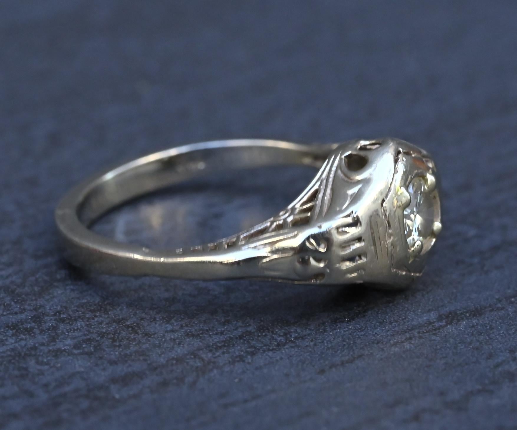 Antique Art Deco 14K White Gold 0.25 CT Round Diamond Ring Size 5.75 IGI Cert.