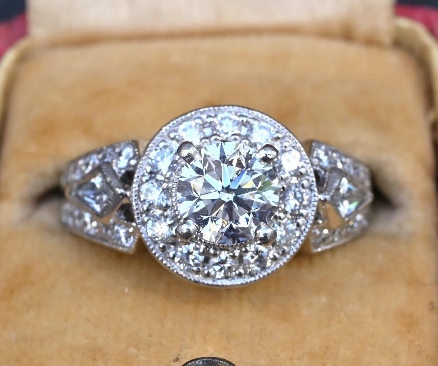 IGI Certified 1.72 CTW Diamond Halo Ring with Kite Side Diamonds Size 5
