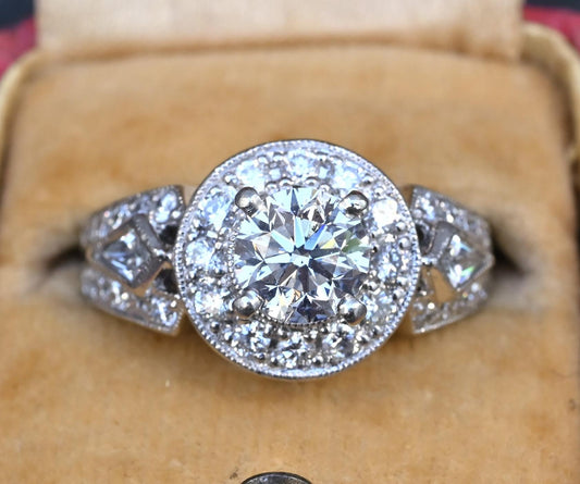 IGI Certified 1.72 CTW Diamond Halo Ring with Kite Side Diamonds Size 5