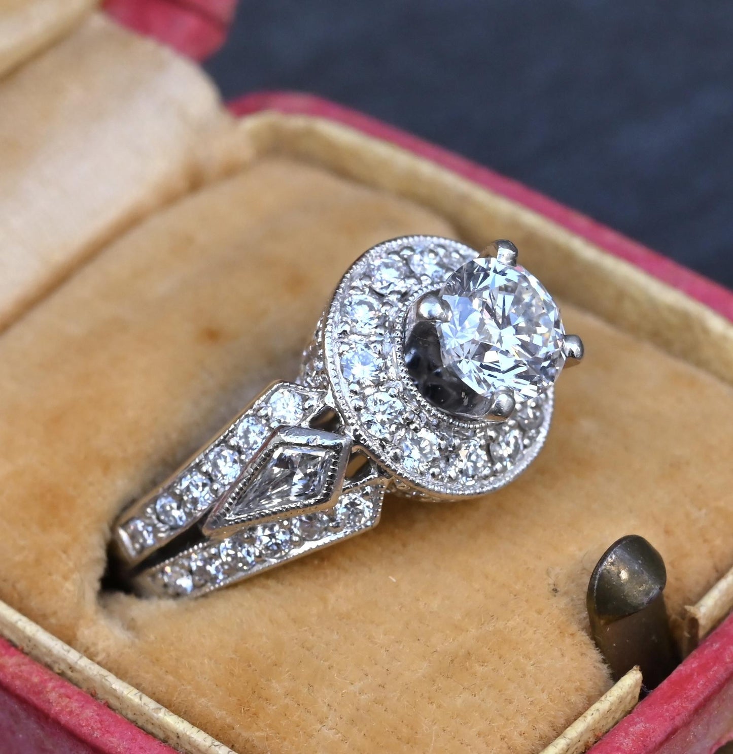 IGI Certified 1.72 CTW Diamond Halo Ring with Kite Side Diamonds Size 5