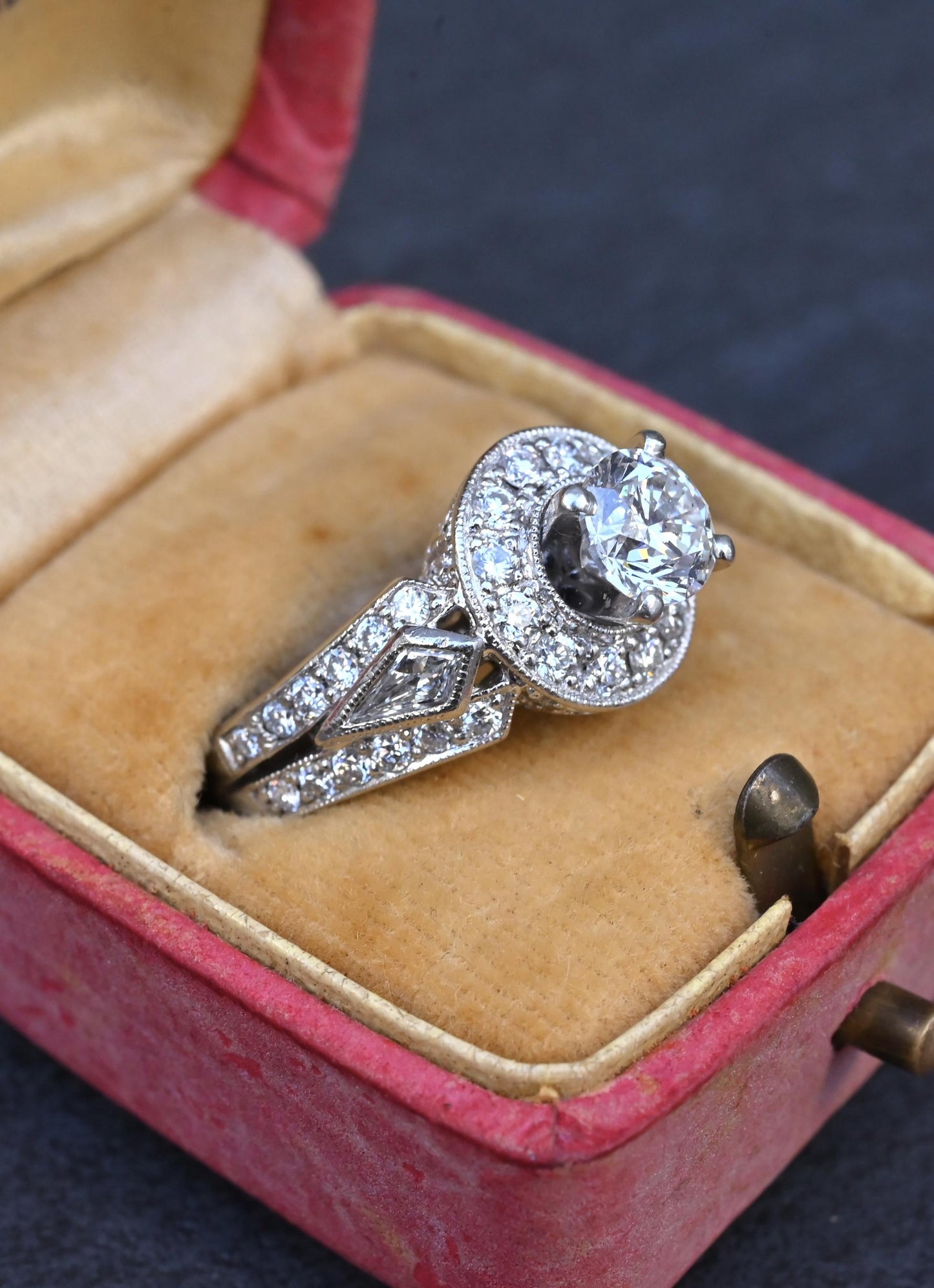 IGI Certified 1.72 CTW Diamond Halo Ring with Kite Side Diamonds Size 5