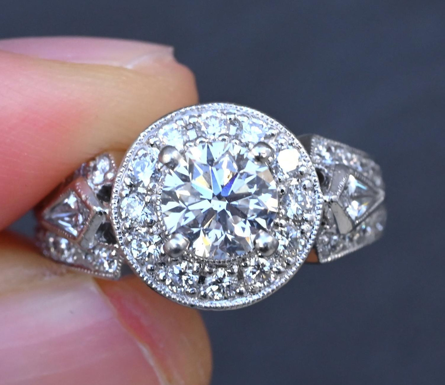IGI Certified 1.72 CTW Diamond Halo Ring with Kite Side Diamonds Size 5