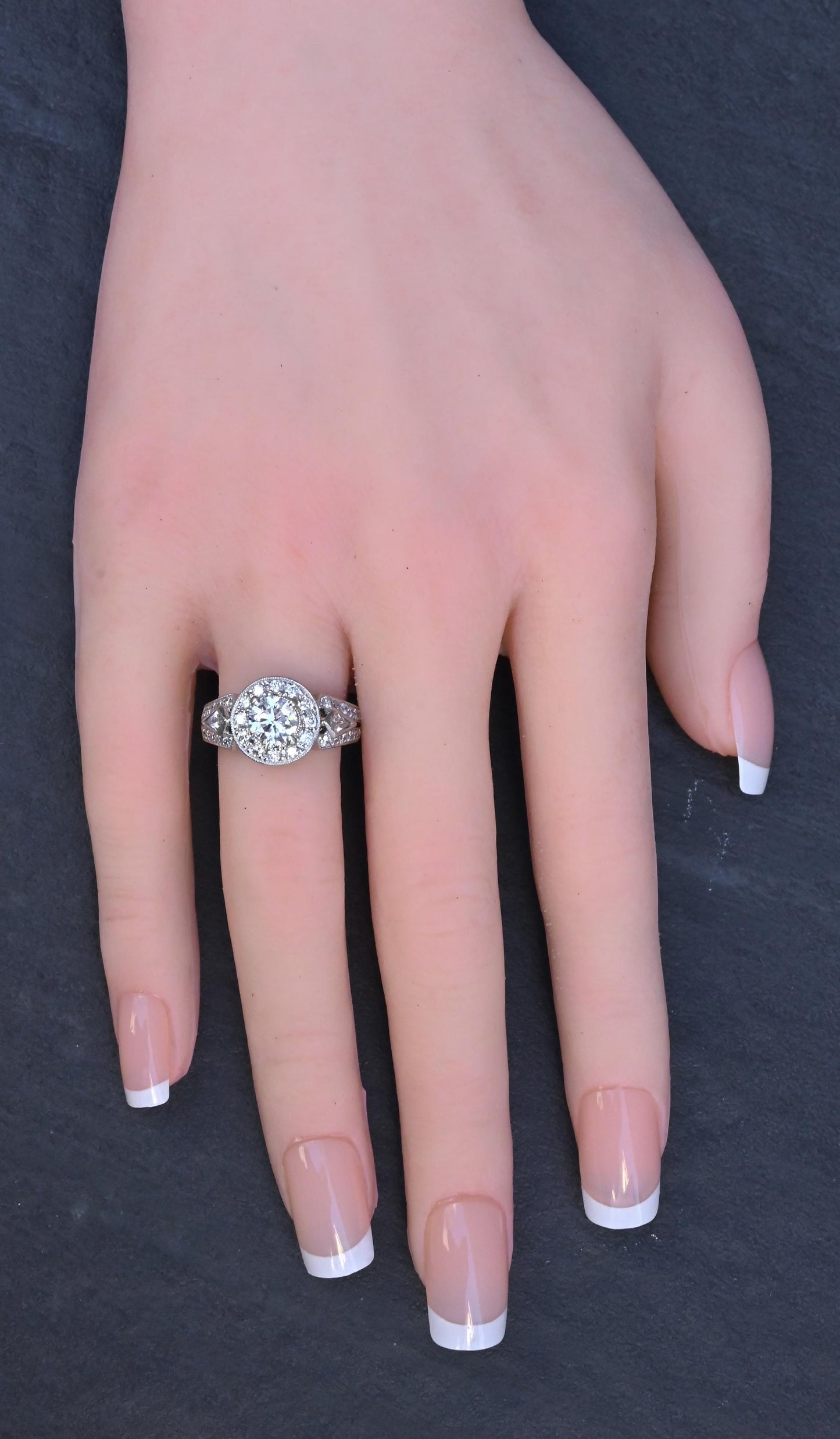 IGI Certified 1.72 CTW Diamond Halo Ring with Kite Side Diamonds Size 5