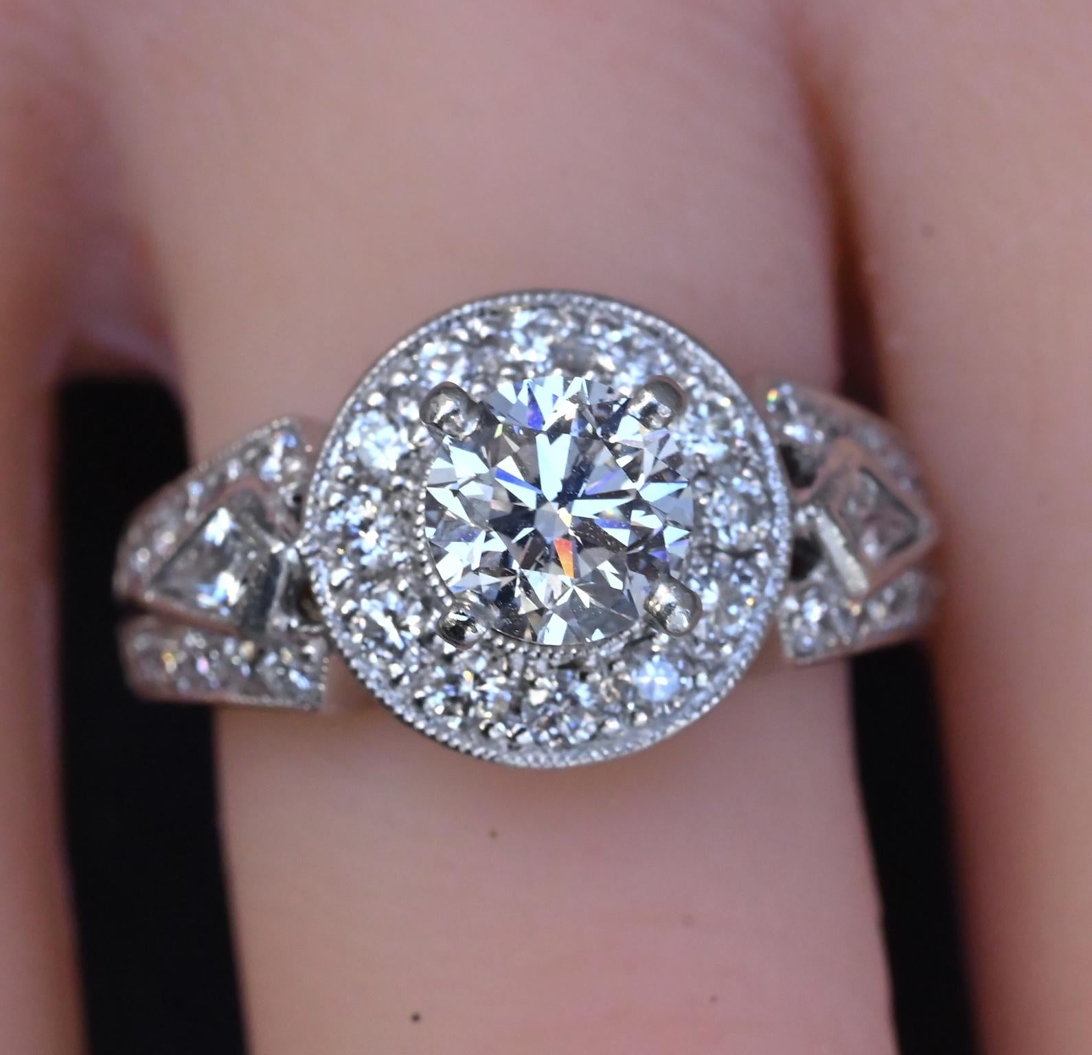 IGI Certified 1.72 CTW Diamond Halo Ring with Kite Side Diamonds Size 5