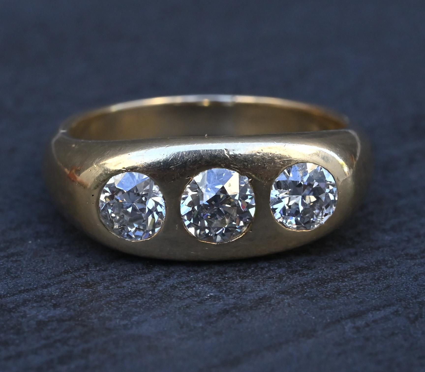 Art Deco 14K Yellow Gold Gypsy 3-Stone Old European Cut Diamond Ring Size 9.5
