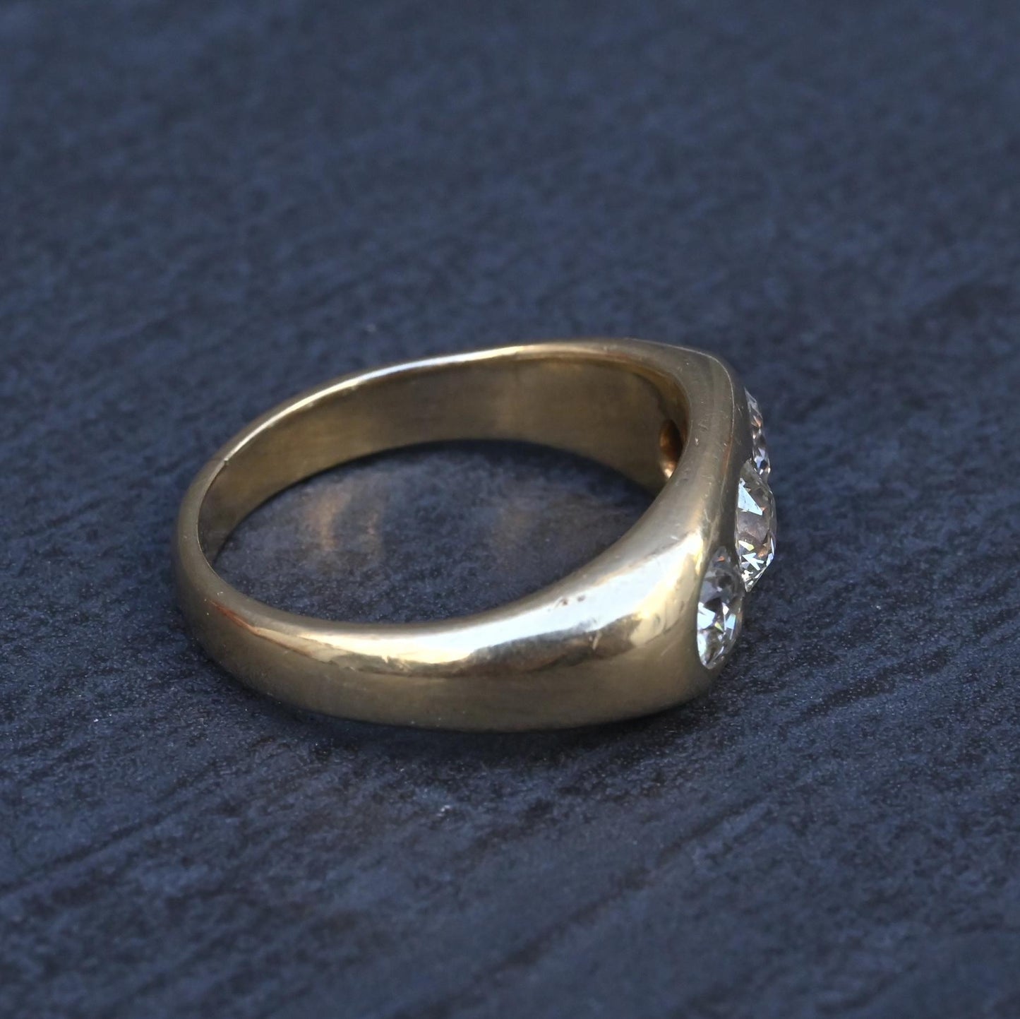 Art Deco 14K Yellow Gold Gypsy 3-Stone Old European Cut Diamond Ring Size 9.5