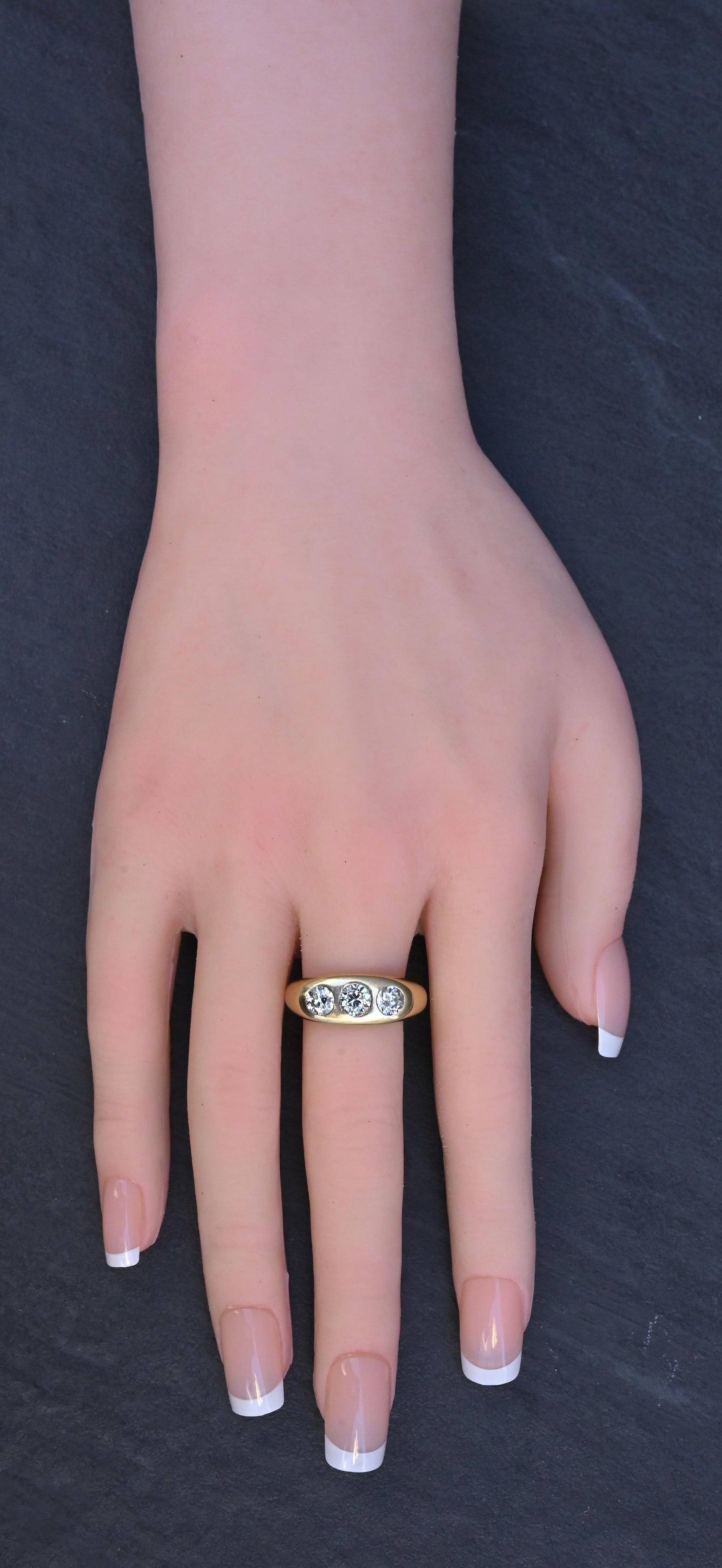 Art Deco 14K Yellow Gold Gypsy 3-Stone Old European Cut Diamond Ring Size 9.5