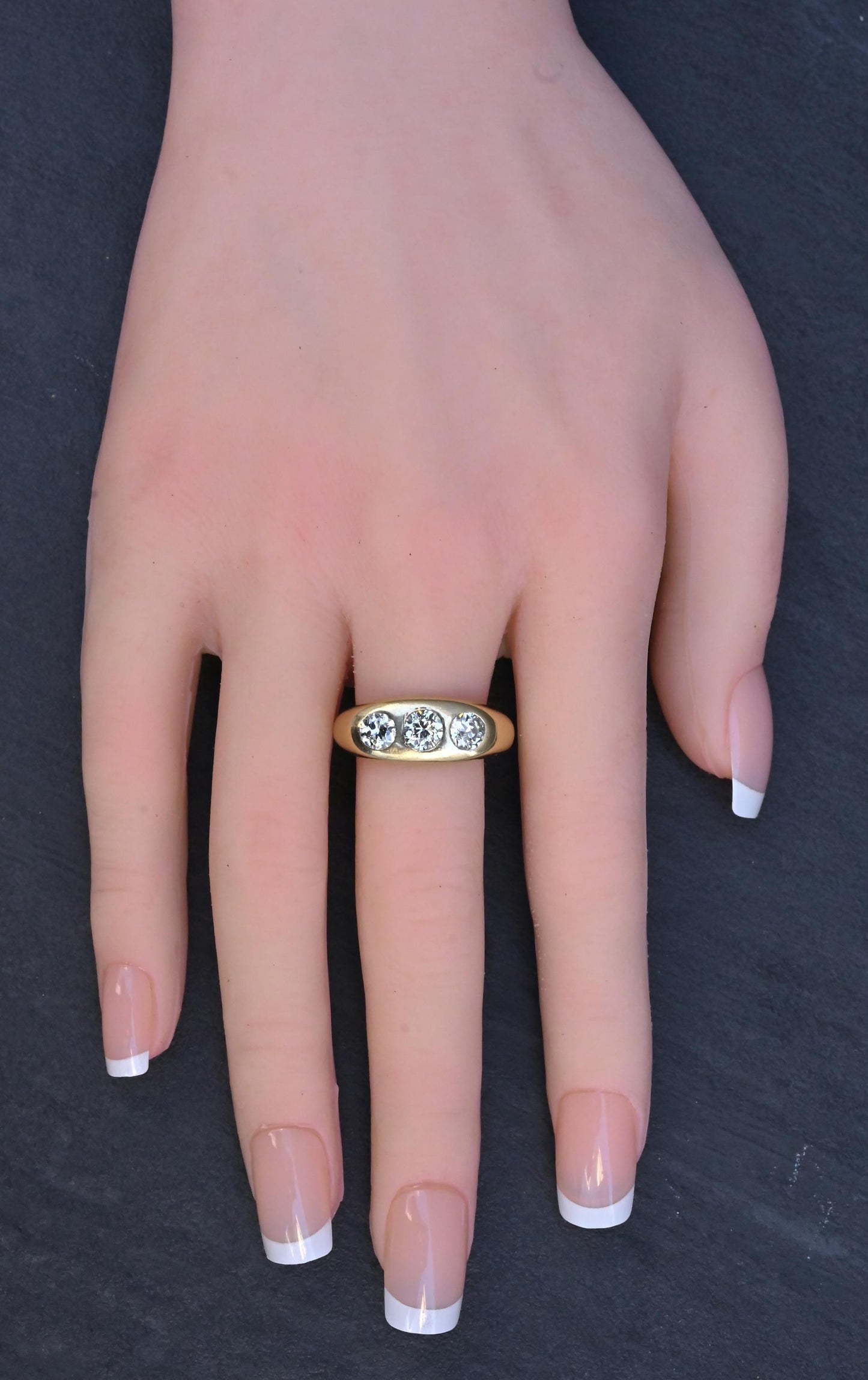 Art Deco 14K Yellow Gold Gypsy 3-Stone Old European Cut Diamond Ring Size 9.5