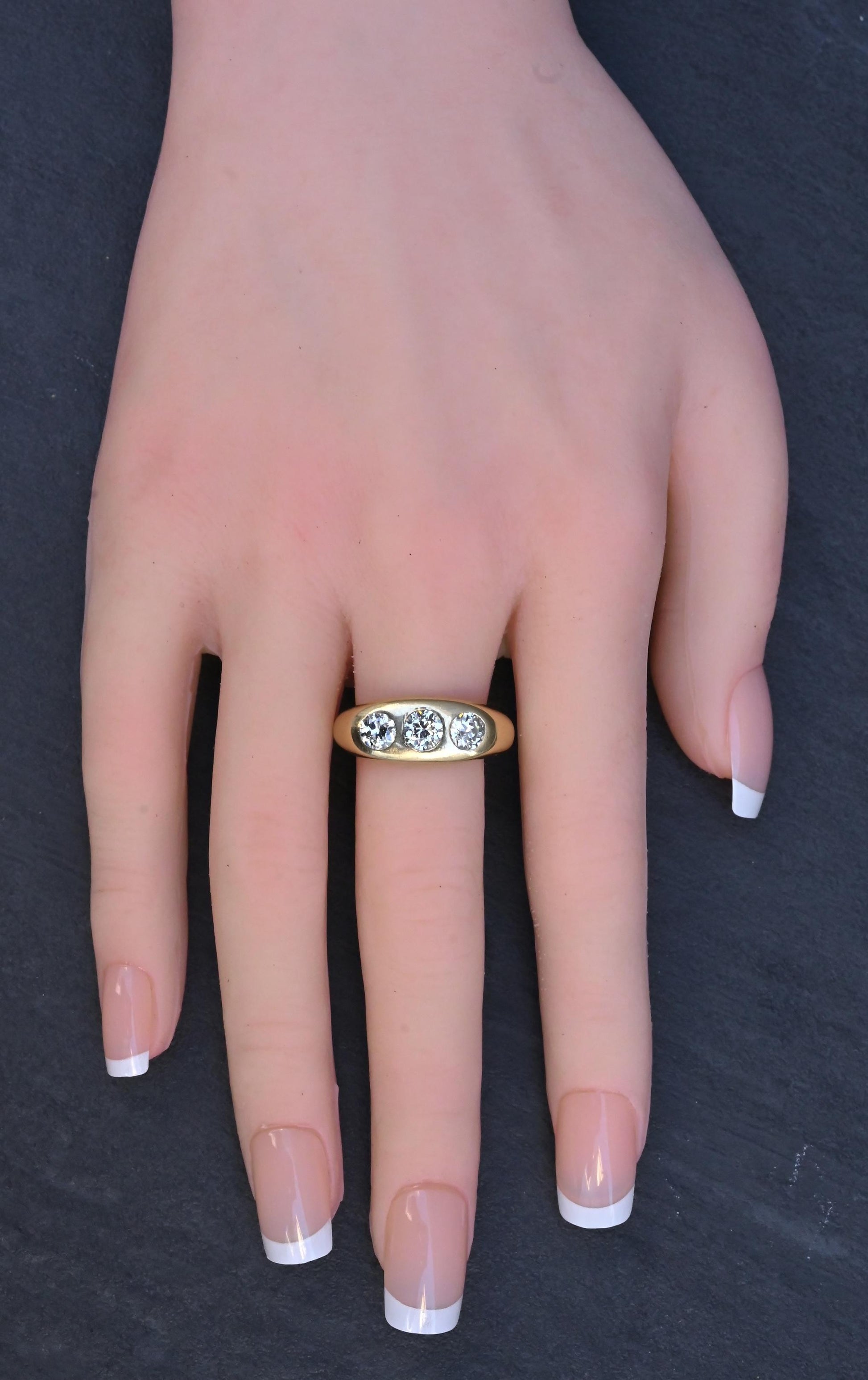 Art Deco 14K Yellow Gold Gypsy 3-Stone Old European Cut Diamond Ring Size 9.5