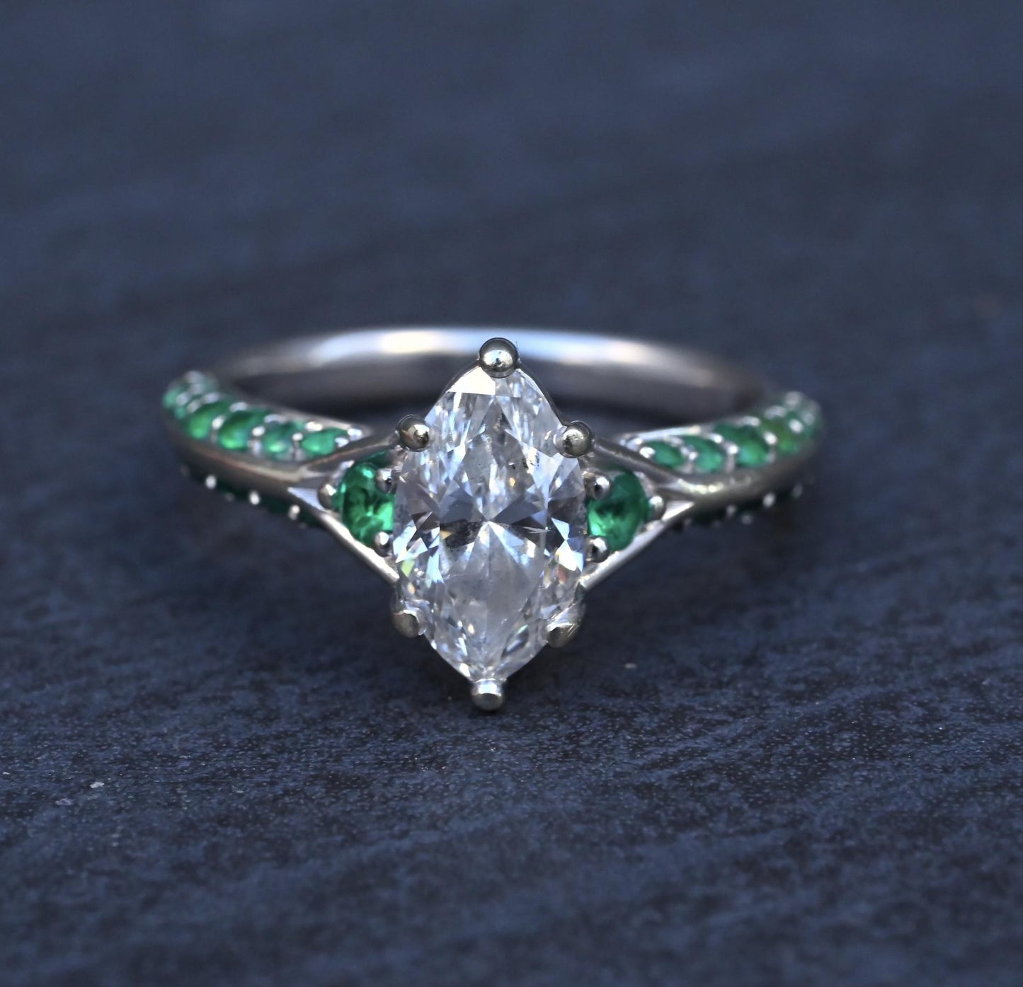 GIA Inscribed 1.02 Carat Marquise Diamond & Green Accent Engagement 14K Ring