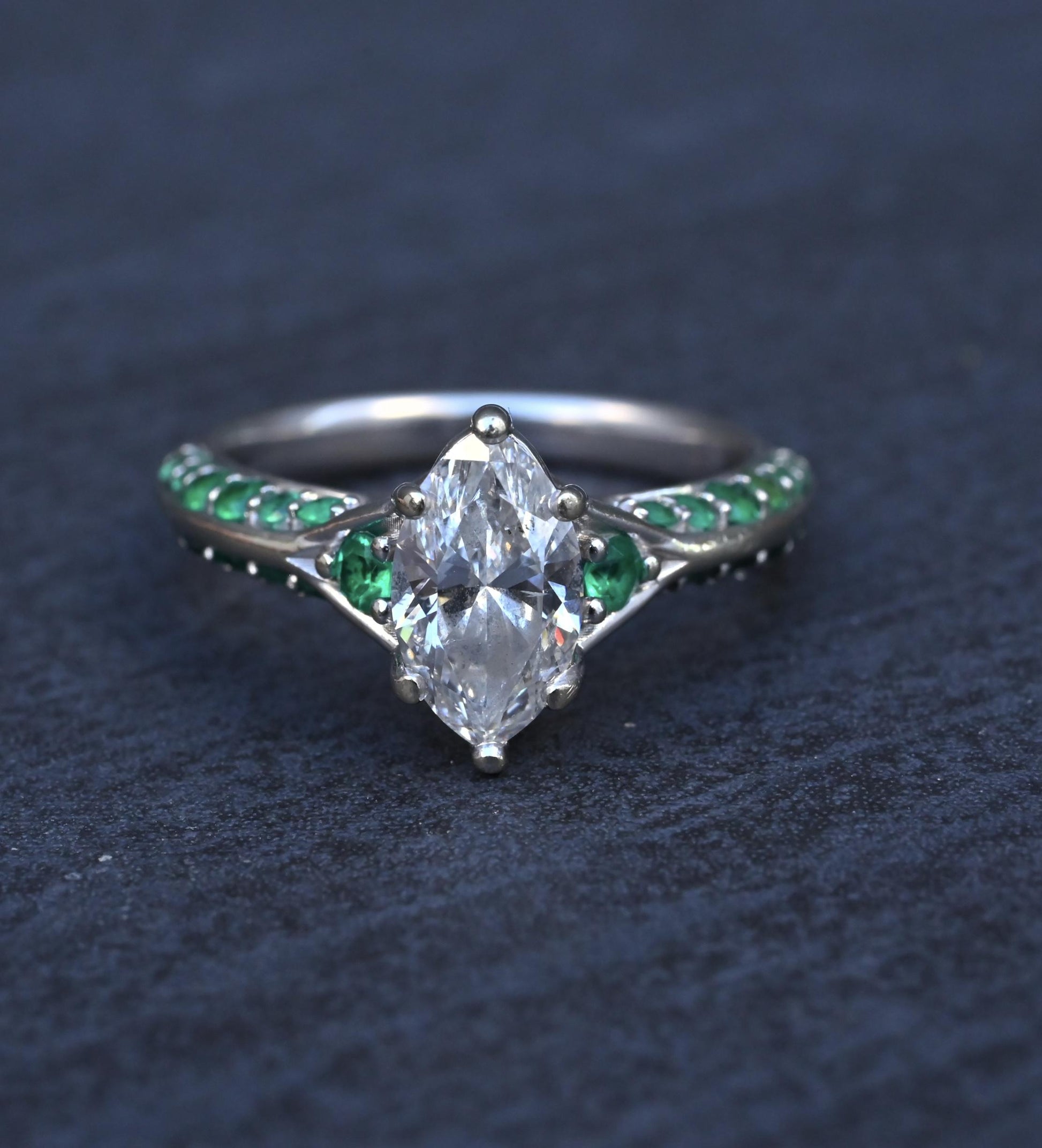 GIA Inscribed 1.02 Carat Marquise Diamond & Green Accent Engagement 14K Ring