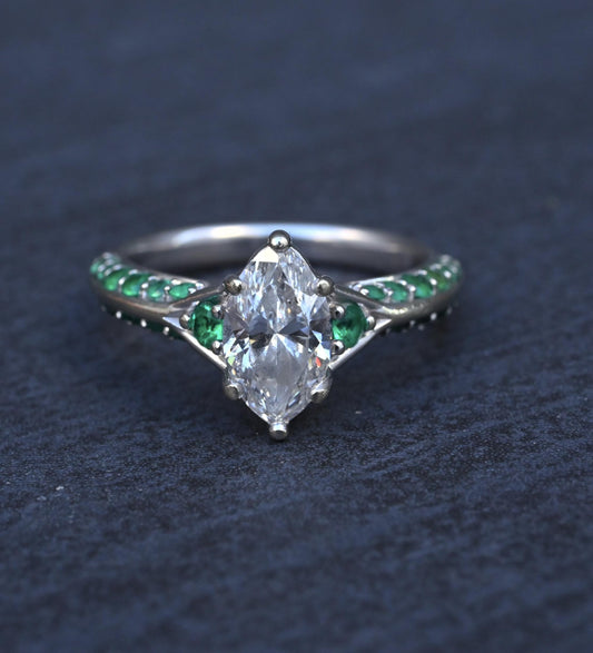 GIA Inscribed 1.02 Carat Marquise Diamond & Green Accent Engagement 14K Ring