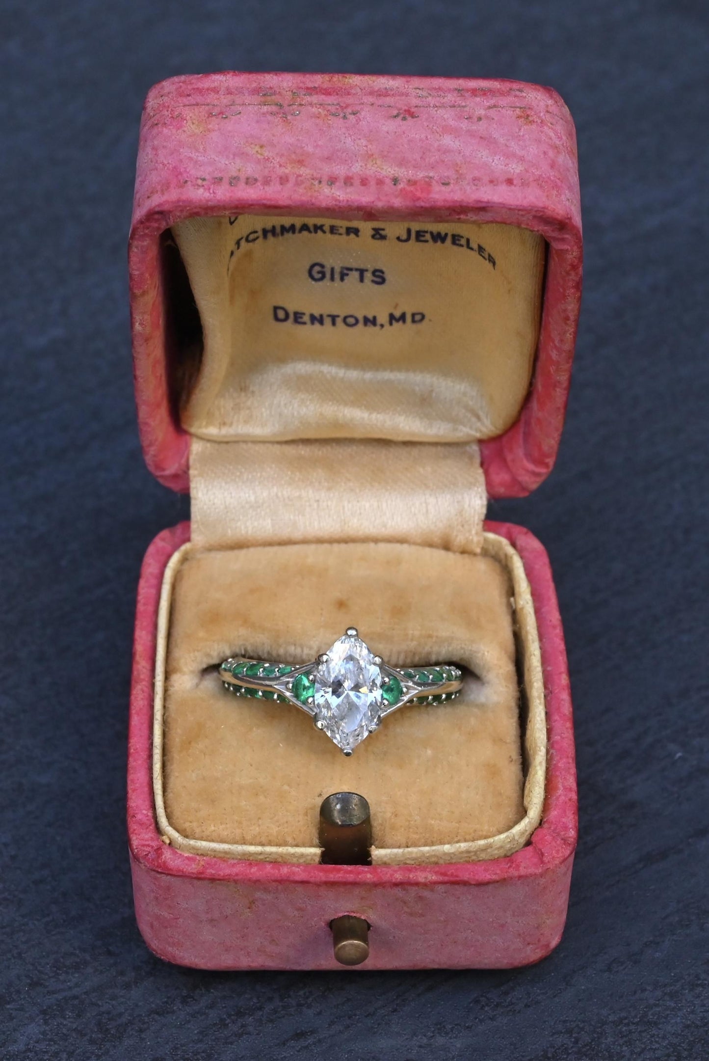 GIA Inscribed 1.02 Carat Marquise Diamond & Green Accent Engagement 14K Ring