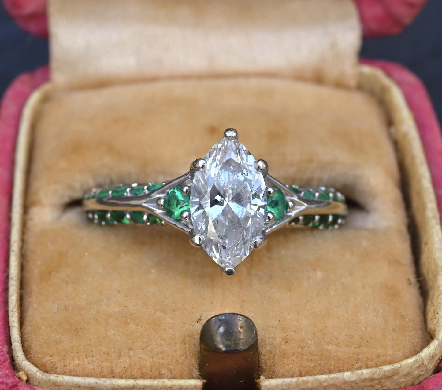 GIA Inscribed 1.02 Carat Marquise Diamond & Green Accent Engagement 14K Ring