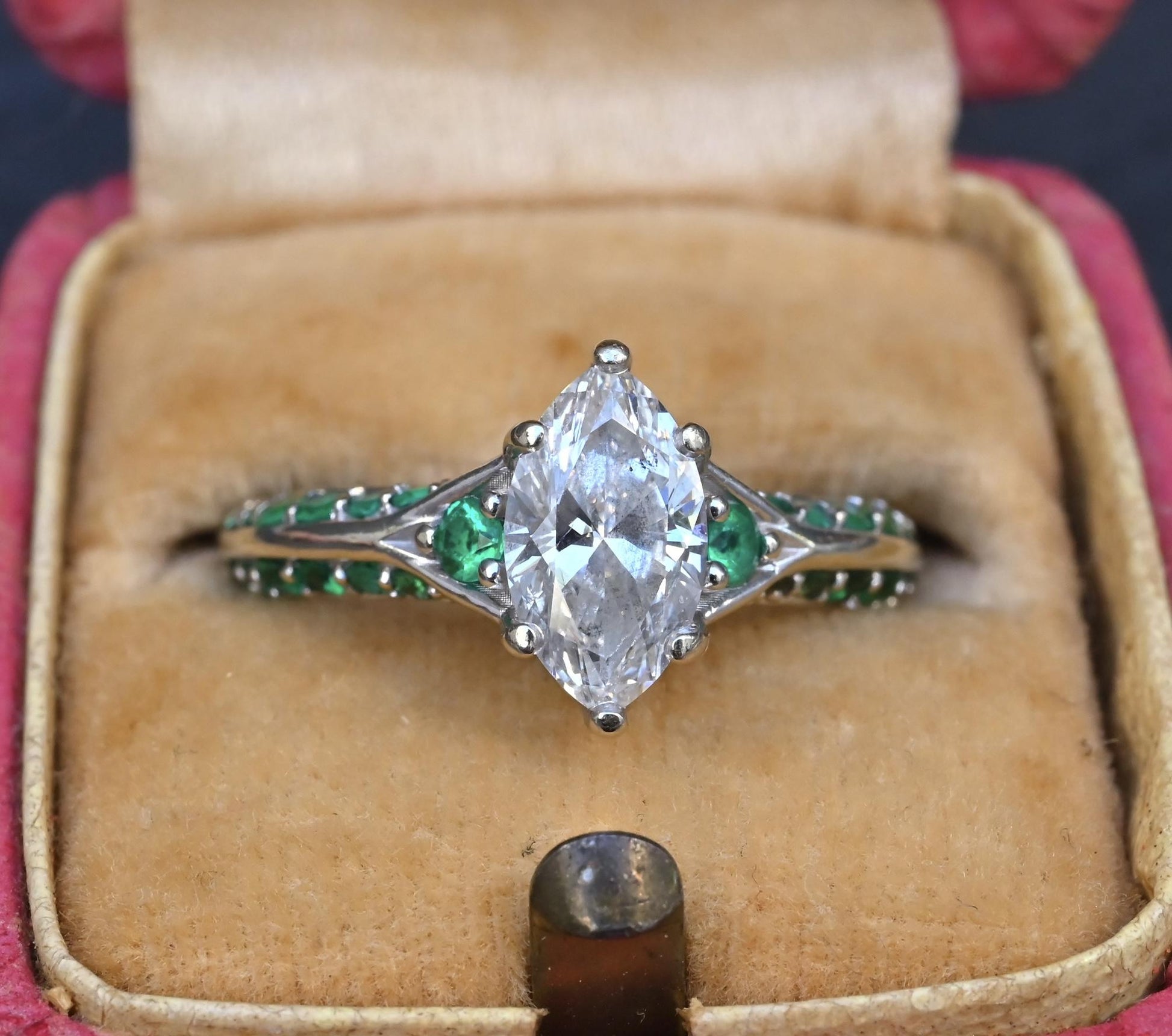 GIA Inscribed 1.02 Carat Marquise Diamond & Green Accent Engagement 14K Ring