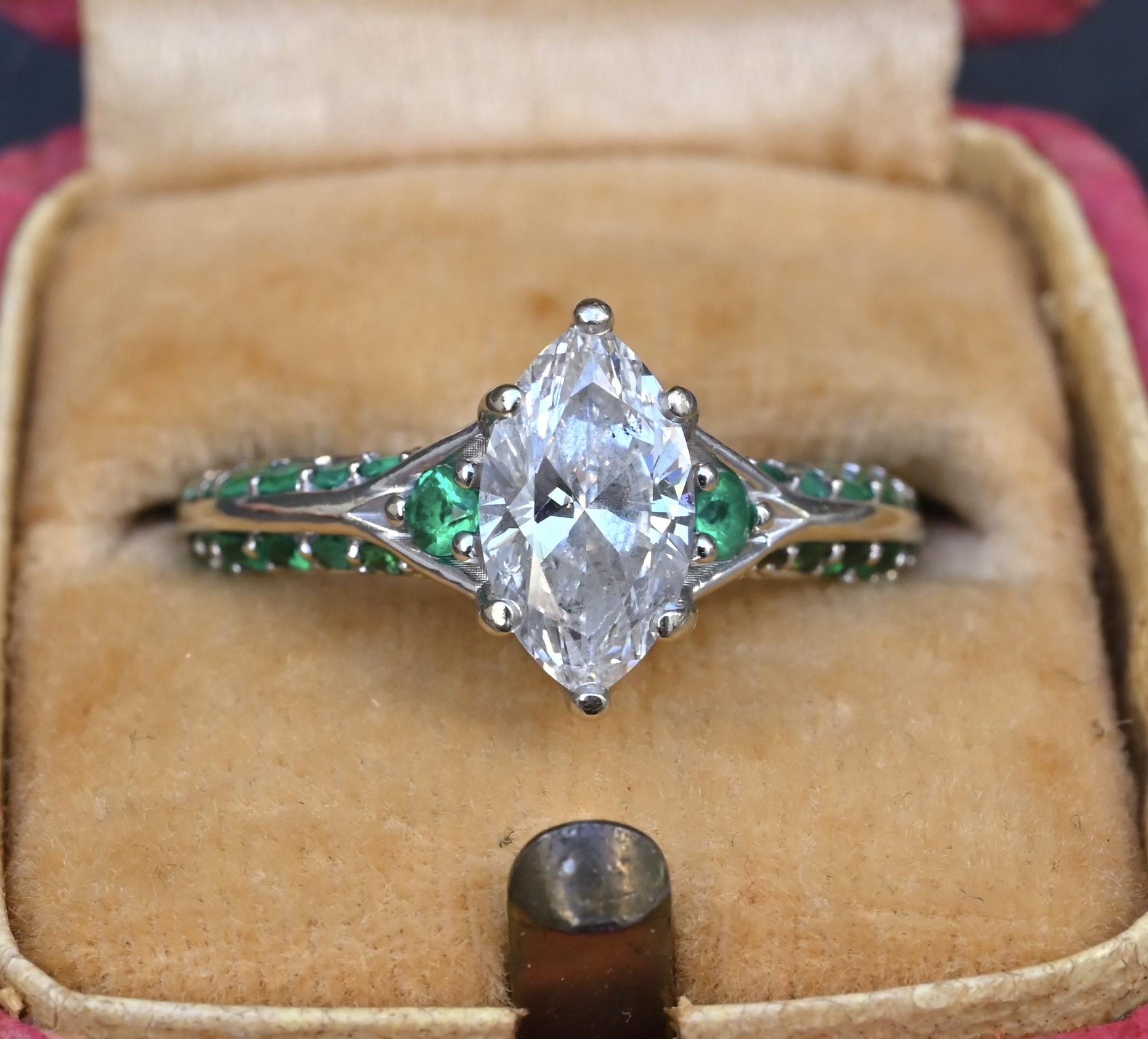 GIA Inscribed 1.02 Carat Marquise Diamond & Green Accent Engagement 14K Ring