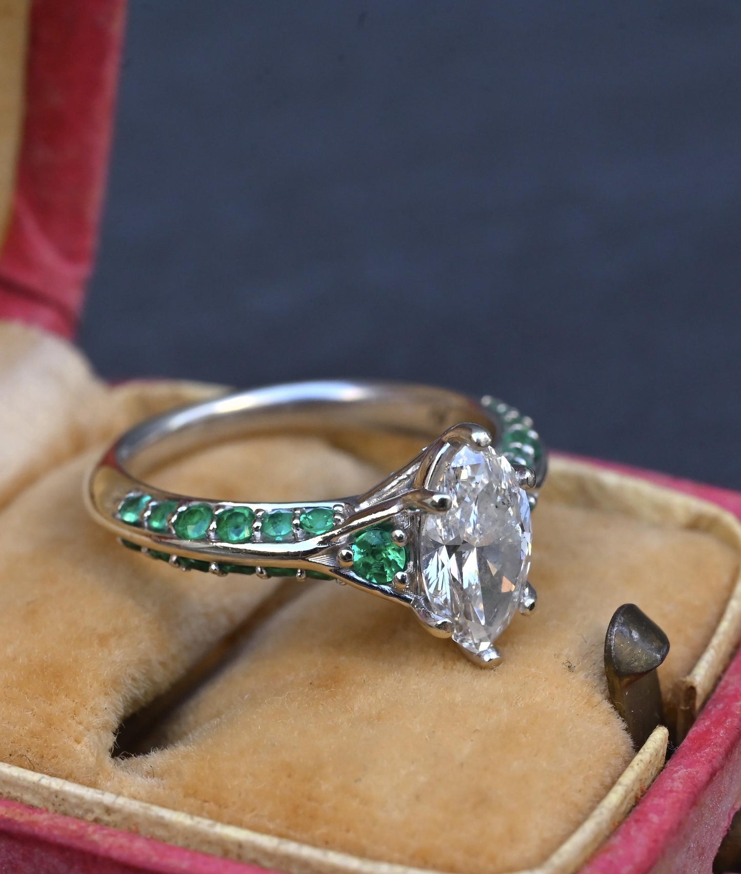 GIA Inscribed 1.02 Carat Marquise Diamond & Green Accent Engagement 14K Ring