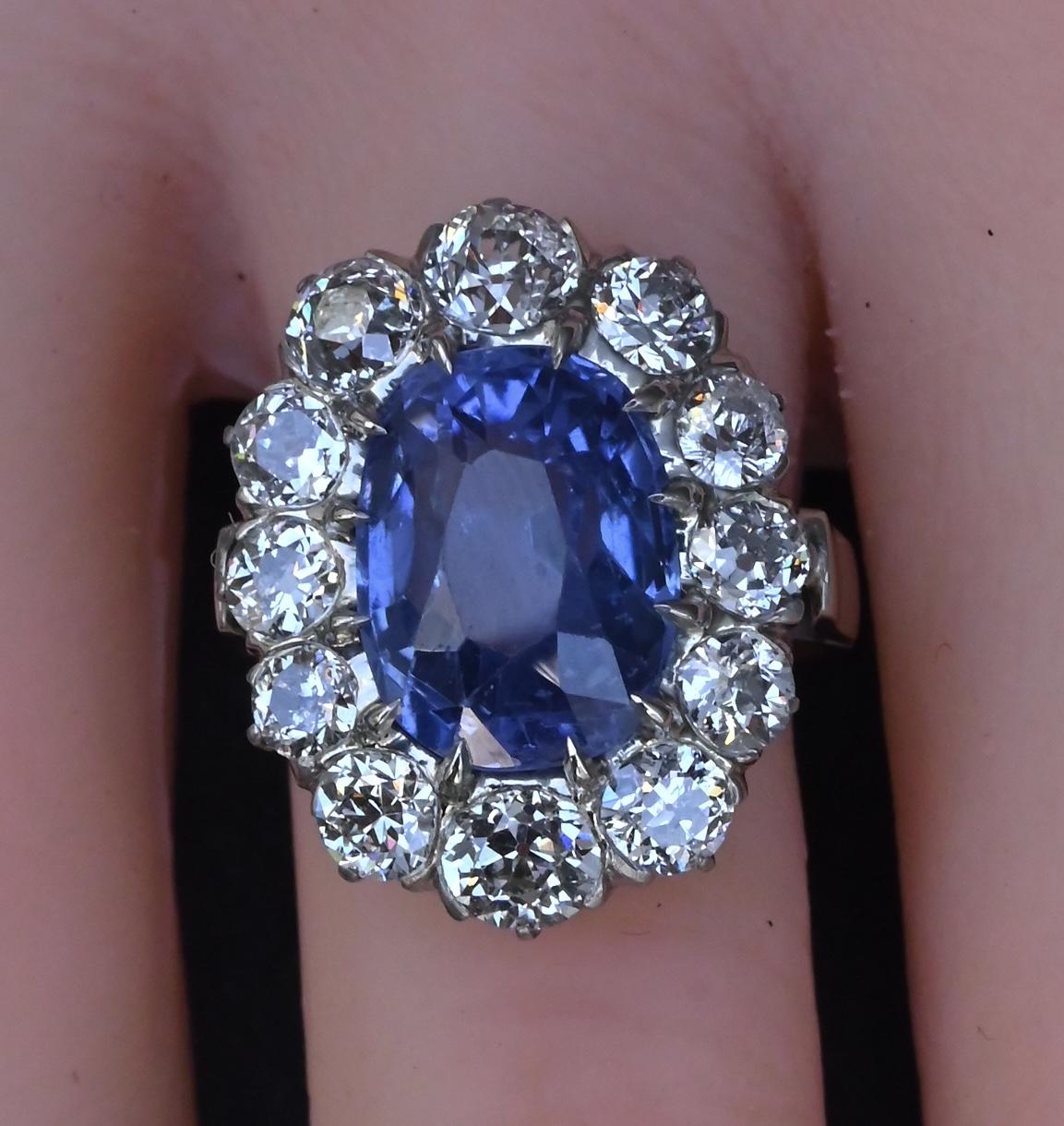 Rare Antique Platinum GIA 8.62ct No Heat Ceylon Sapphire & Old Cut Diamonds