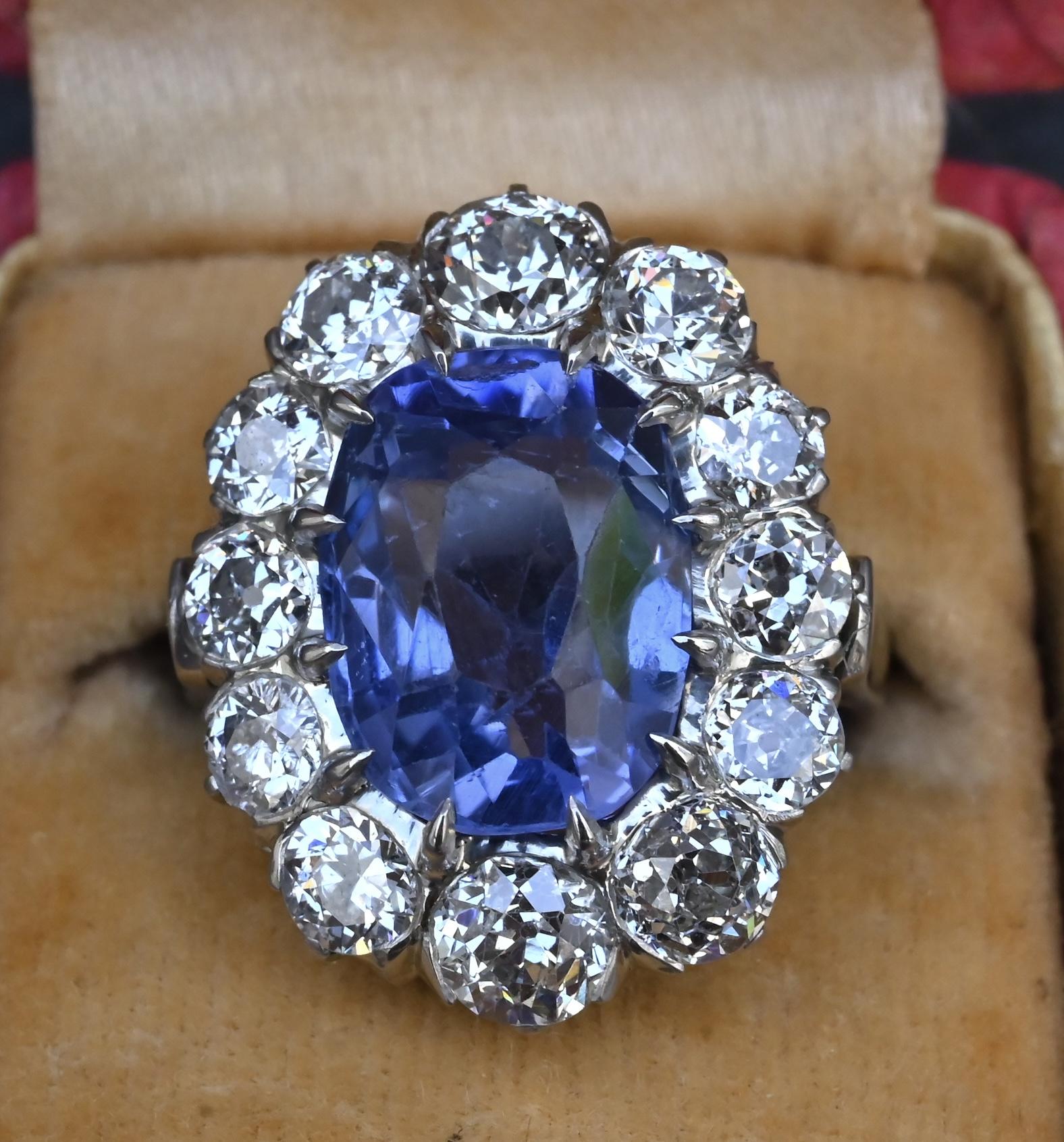 Rare Antique Platinum GIA 8.62ct No Heat Ceylon Sapphire & Old Cut Diamonds