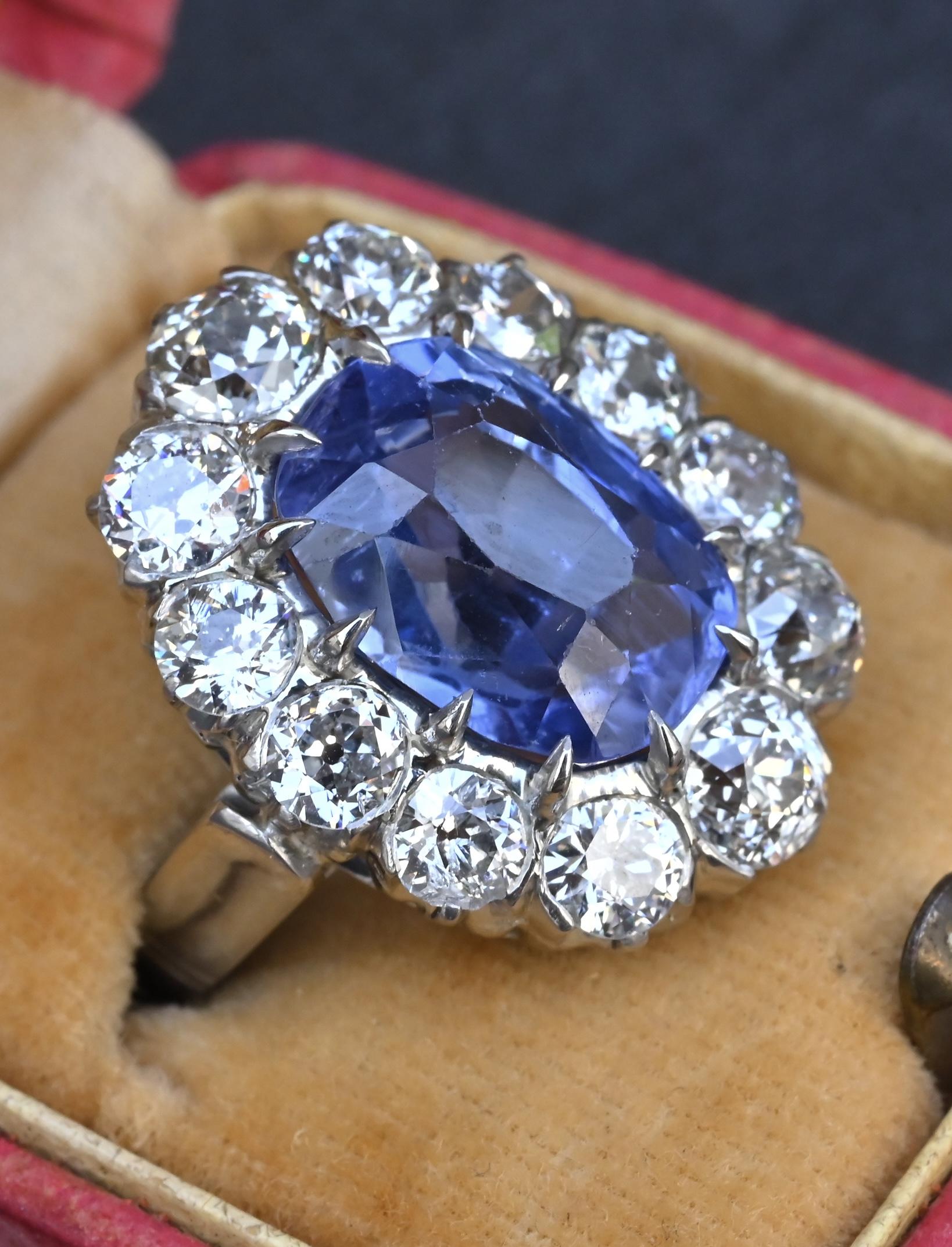 Rare Antique Platinum GIA 8.62ct No Heat Ceylon Sapphire & Old Cut Diamonds