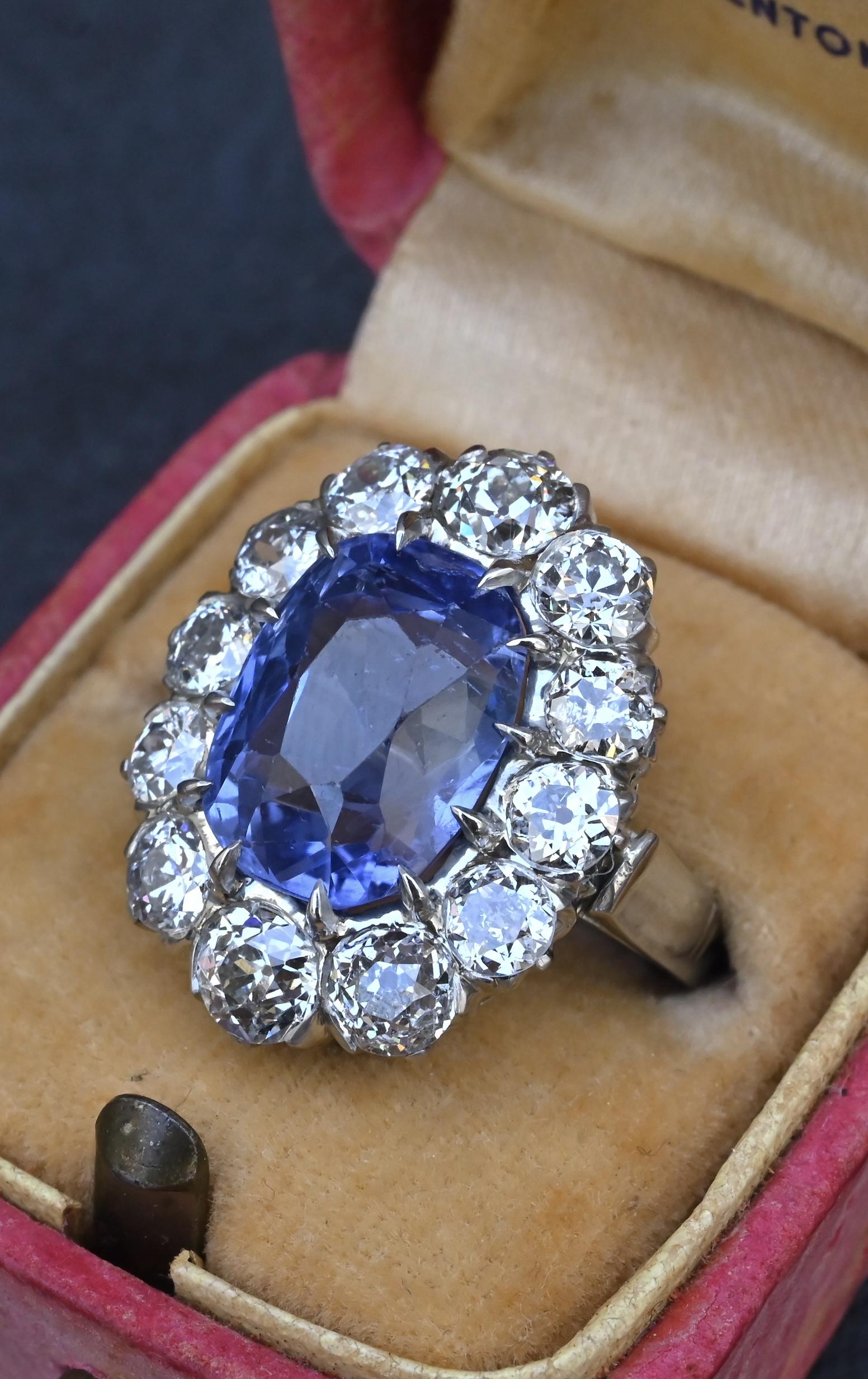 Rare Antique Platinum GIA 8.62ct No Heat Ceylon Sapphire & Old Cut Diamonds