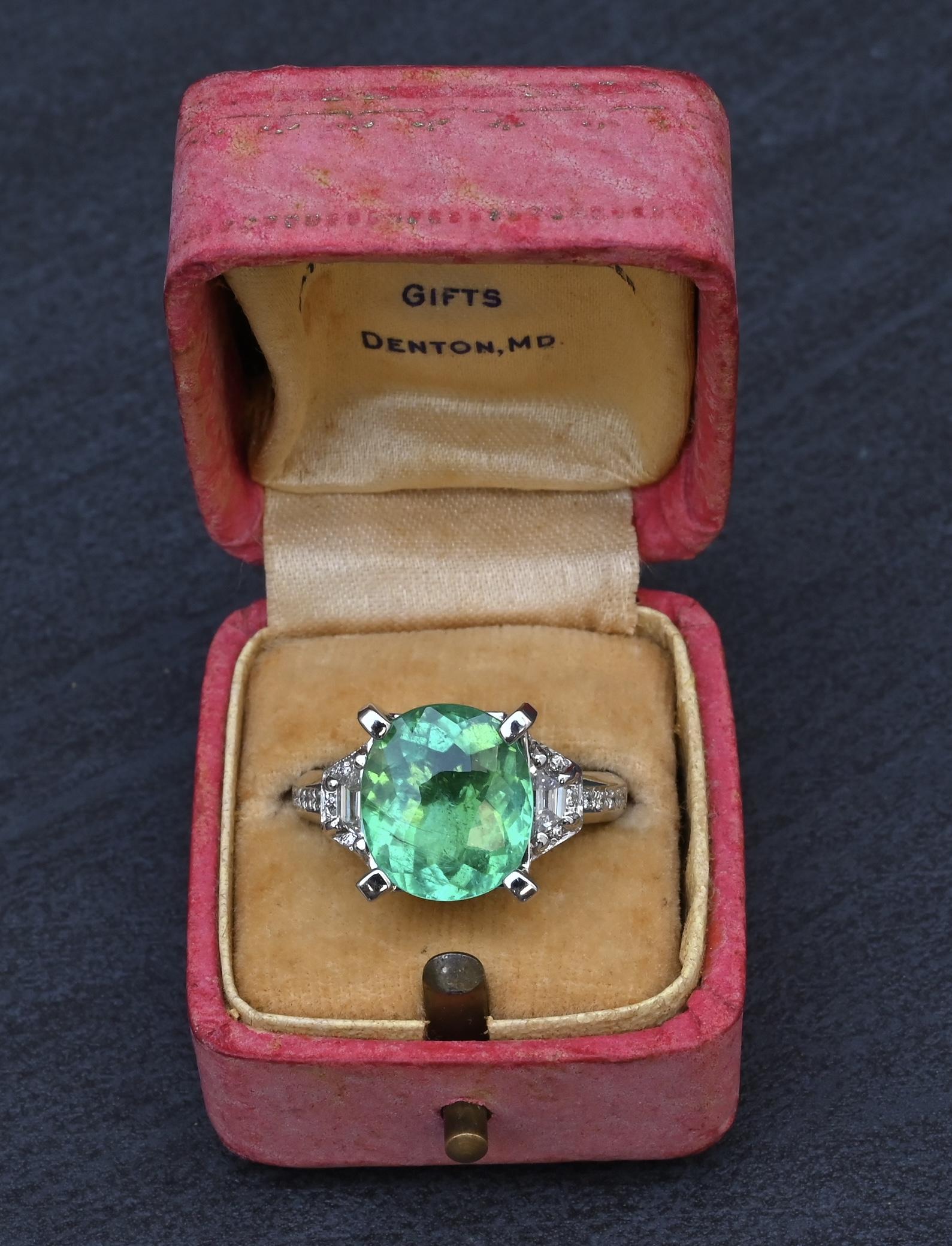 Rare GIA 6.57 Ct Unheated Natural Green Paraiba Tourmaline & Diamond Ring 18K