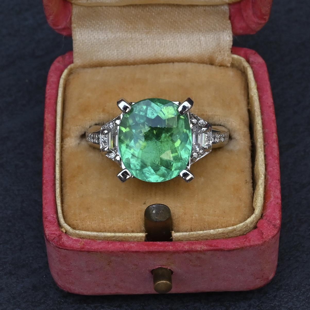 Rare GIA 6.57 Ct Unheated Natural Green Paraiba Tourmaline & Diamond Ring 18K