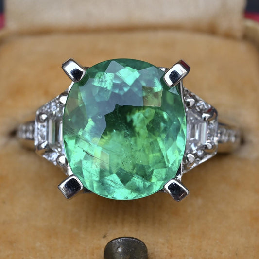 Rare GIA 6.57 Ct Unheated Natural Green Paraiba Tourmaline & Diamond Ring 18K