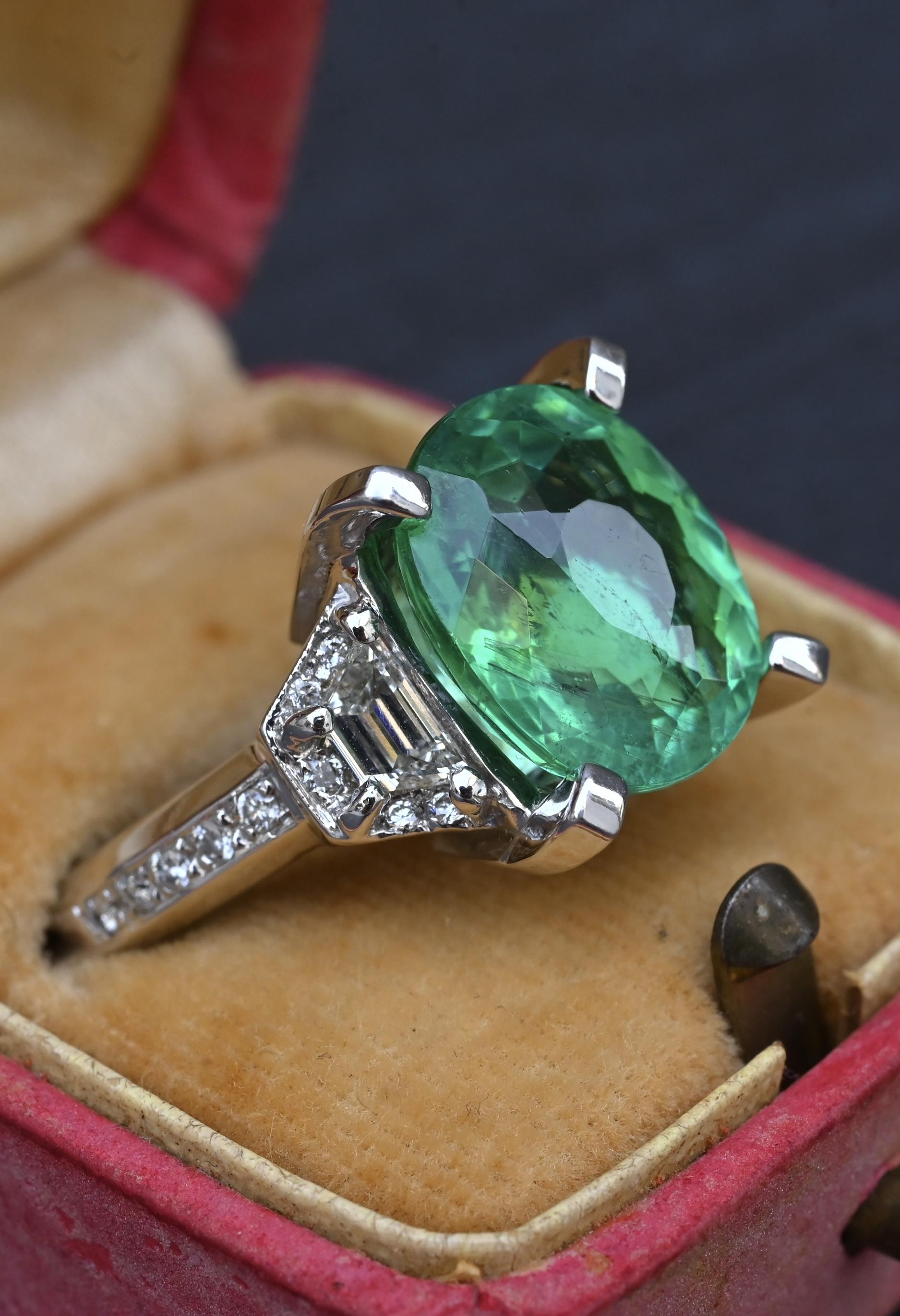 Rare GIA 6.57 Ct Unheated Natural Green Paraiba Tourmaline & Diamond Ring 18K