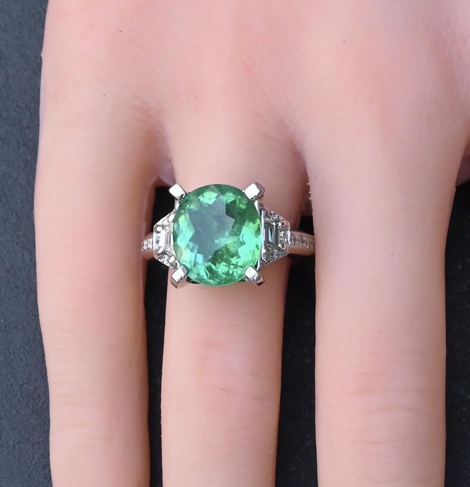 Rare GIA 6.57 Ct Unheated Natural Green Paraiba Tourmaline & Diamond Ring 18K