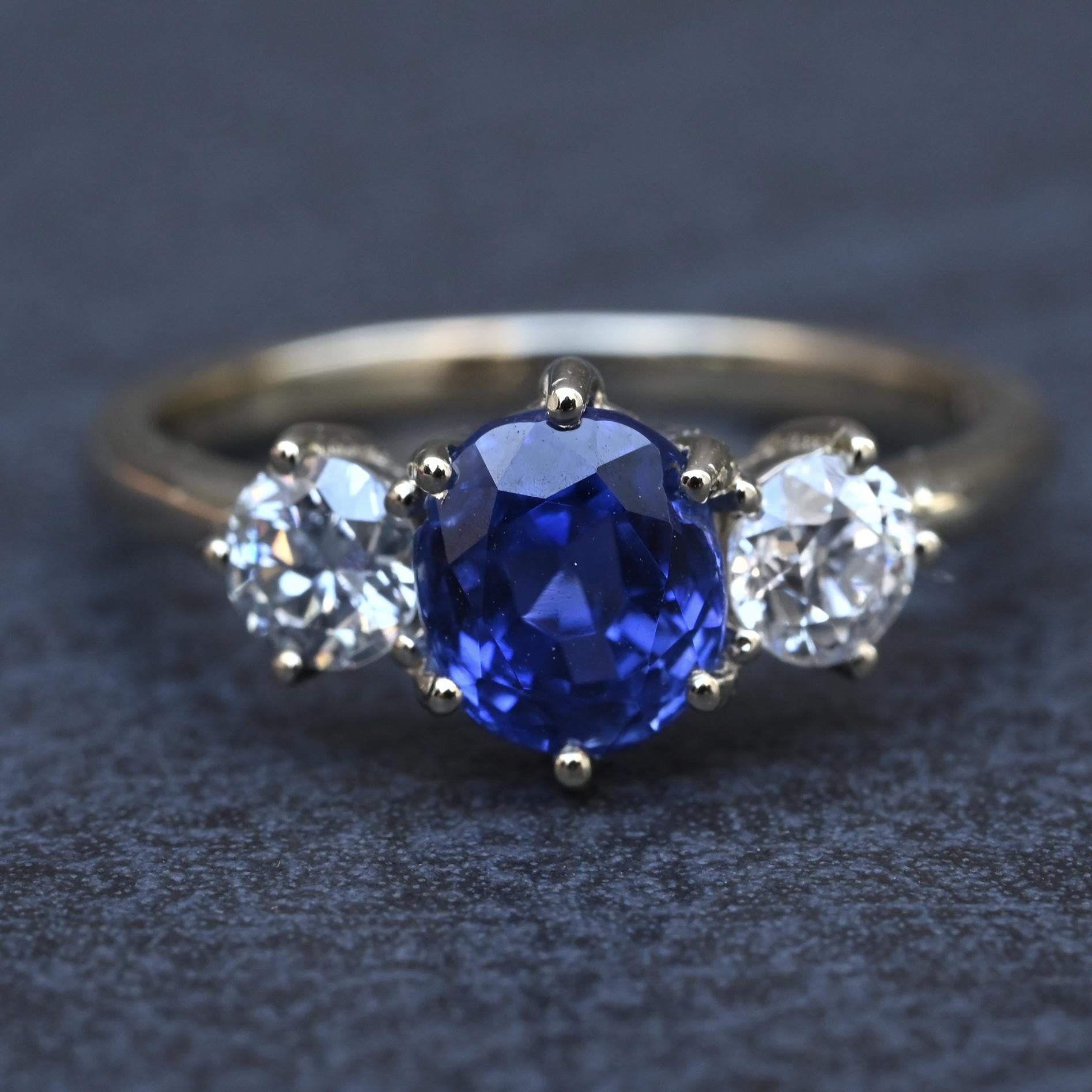 GIA 1.54ct Burma No Heat Sapphire With Old European Cut Diamonds 18K Gold Ring