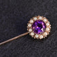 Antique 9K Gold Amethyst & Seed Pearl Halo Stick Pin