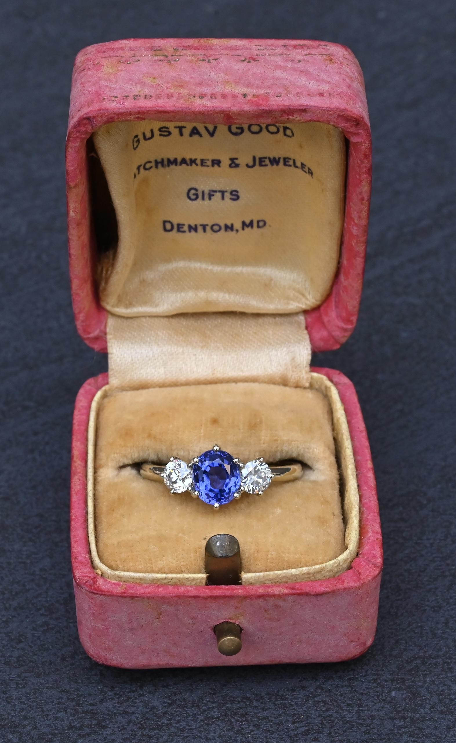 GIA 1.54ct Burma No Heat Sapphire With Old European Cut Diamonds 18K Gold Ring