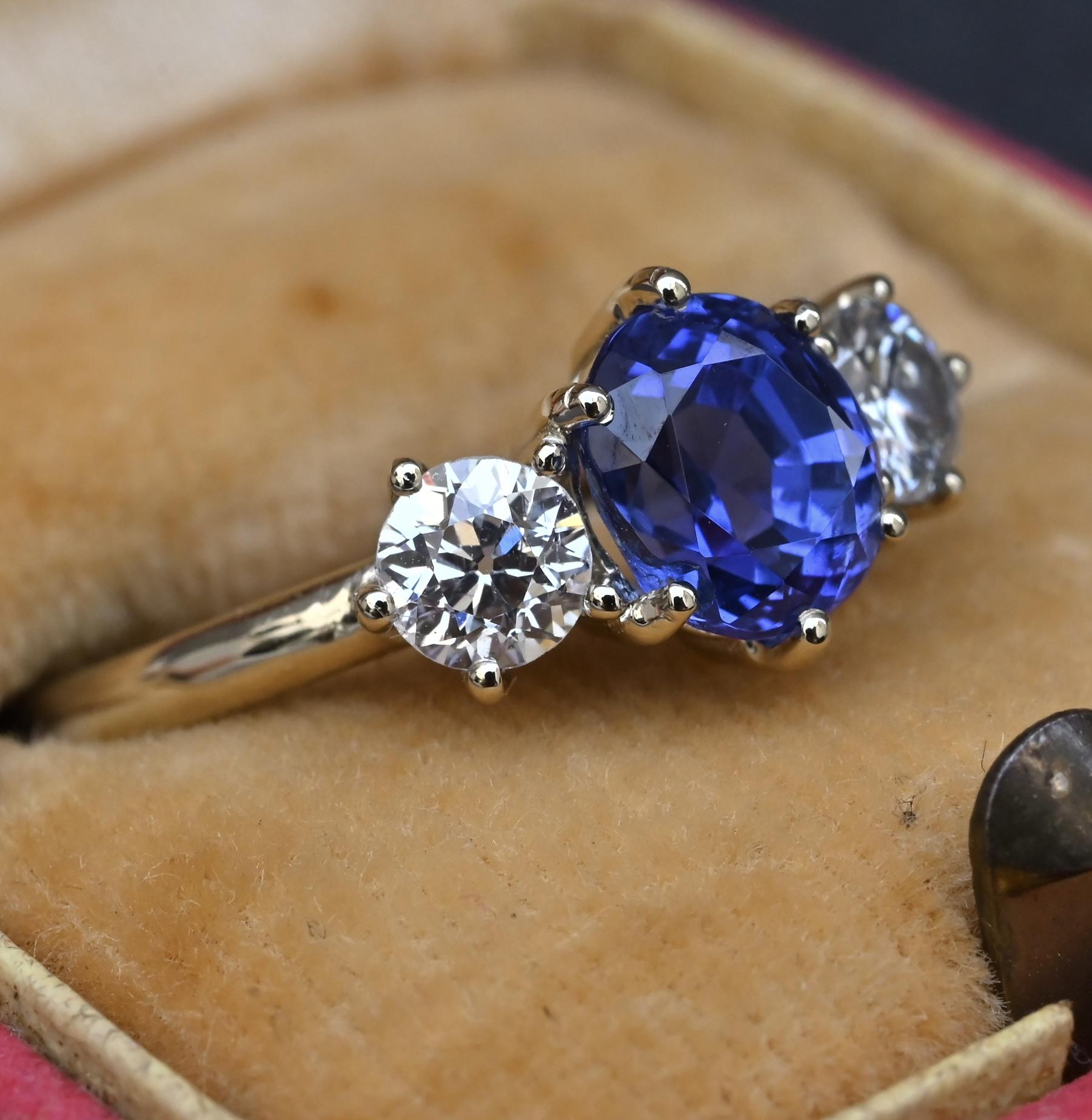 GIA 1.54ct Burma No Heat Sapphire With Old European Cut Diamonds 18K Gold Ring