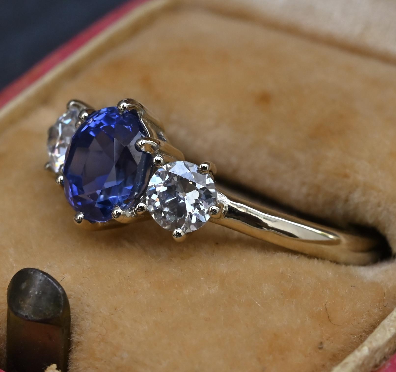 GIA 1.54ct Burma No Heat Sapphire With Old European Cut Diamonds 18K Gold Ring