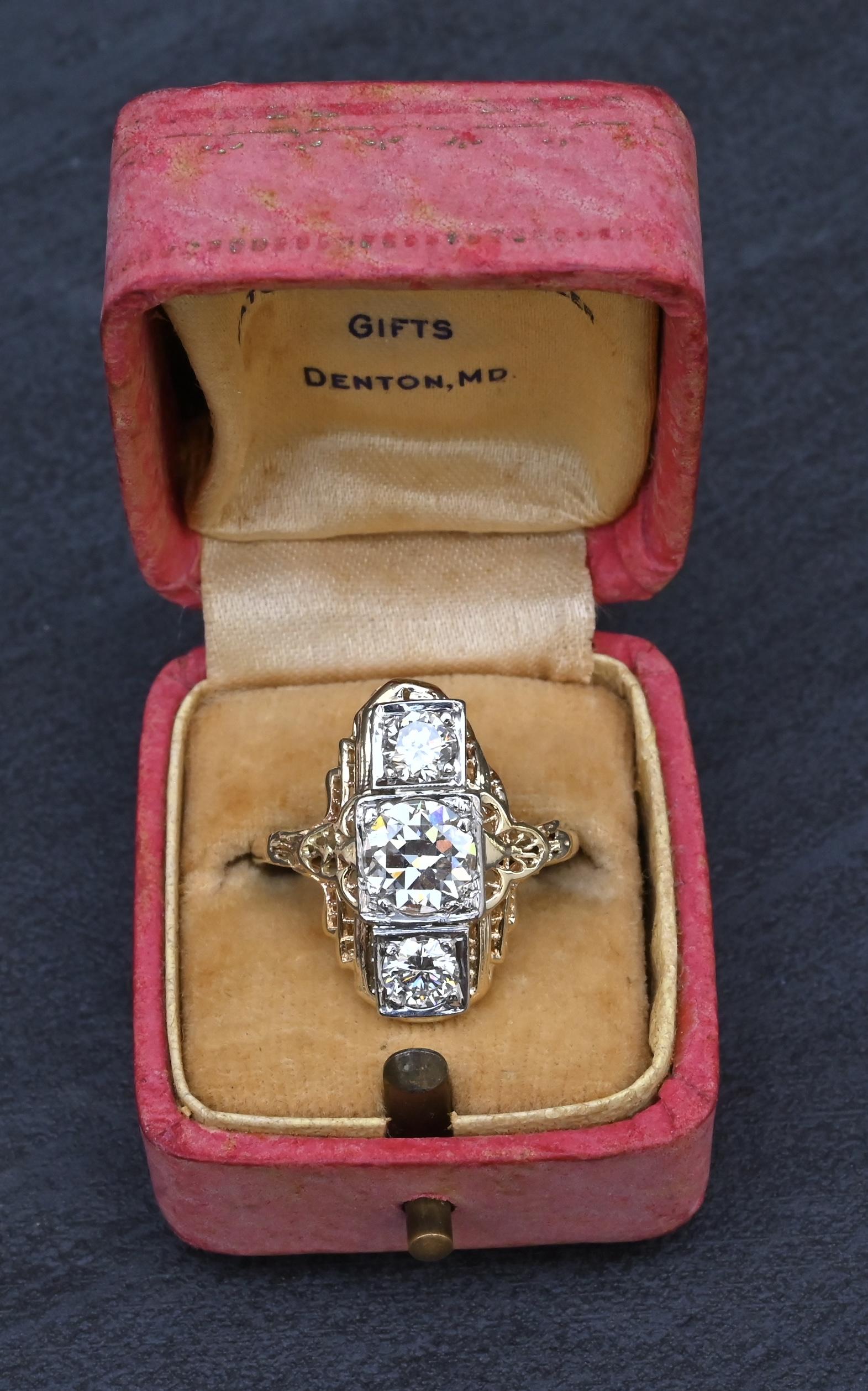 GIA Certified 14K Gold Art Deco Three-Stone Diamond Engagement Ring 2.00 TCW