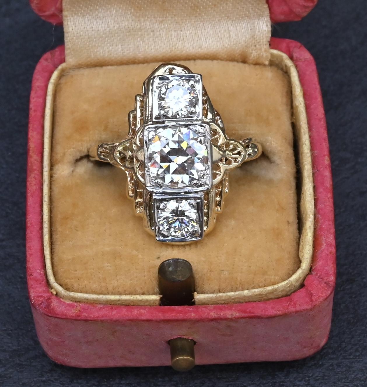 GIA Certified 14K Gold Art Deco Three-Stone Diamond Engagement Ring 2.00 TCW