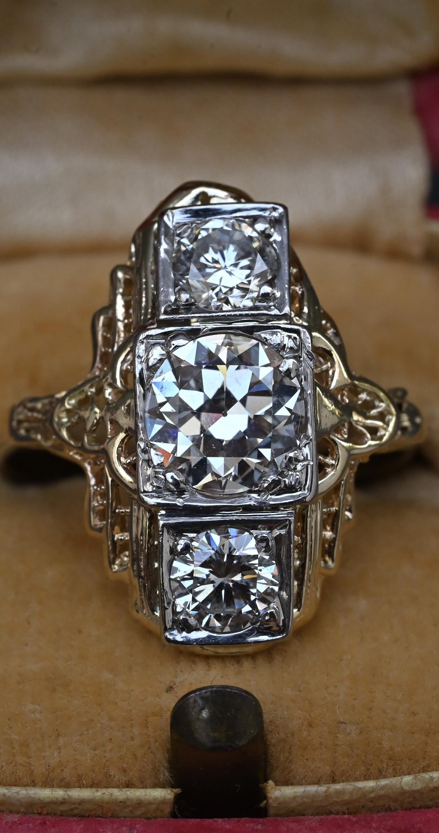 GIA Certified 14K Gold Art Deco Three-Stone Diamond Engagement Ring 2.00 TCW