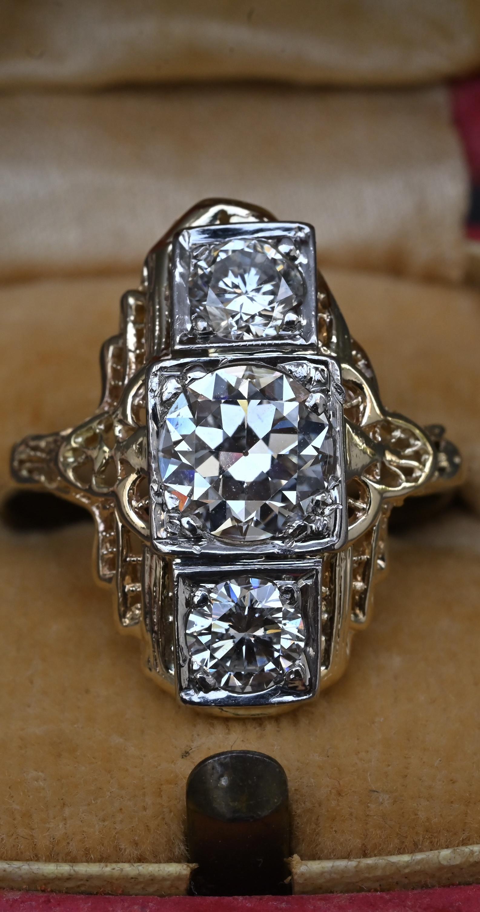 GIA Certified 14K Gold Art Deco Three-Stone Diamond Engagement Ring 2.00 TCW
