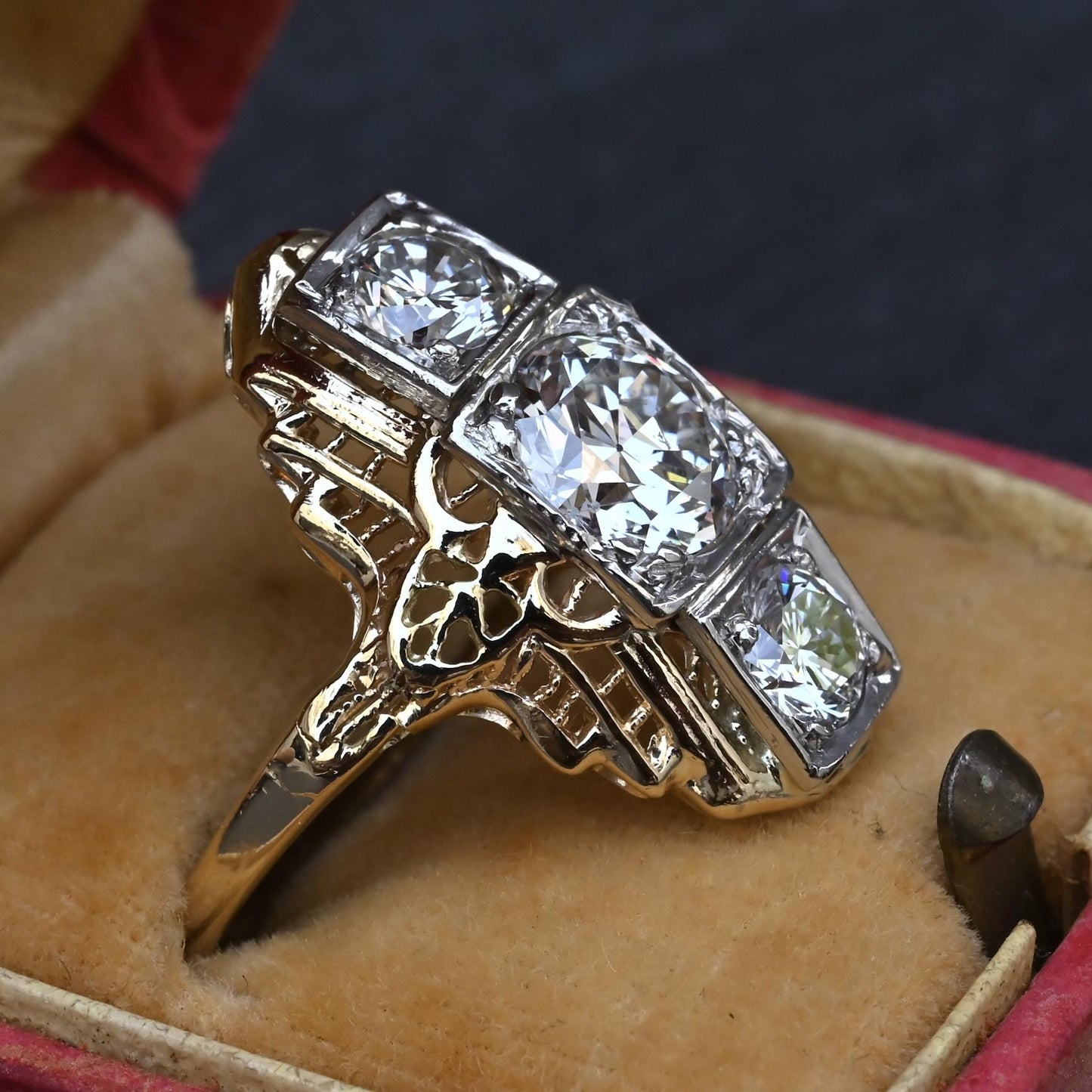 GIA Certified 14K Gold Art Deco Three-Stone Diamond Engagement Ring 2.00 TCW