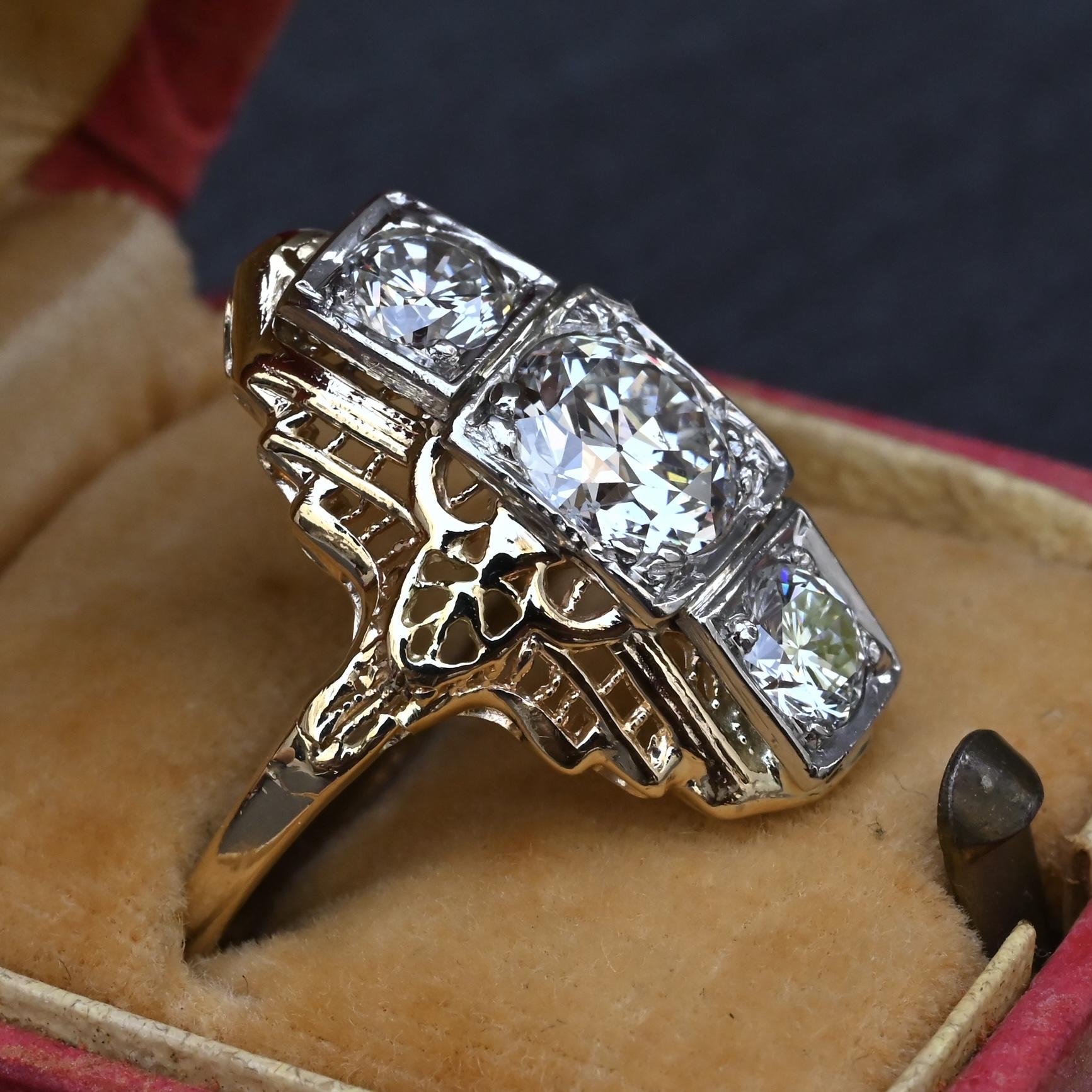 GIA Certified 14K Gold Art Deco Three-Stone Diamond Engagement Ring 2.00 TCW