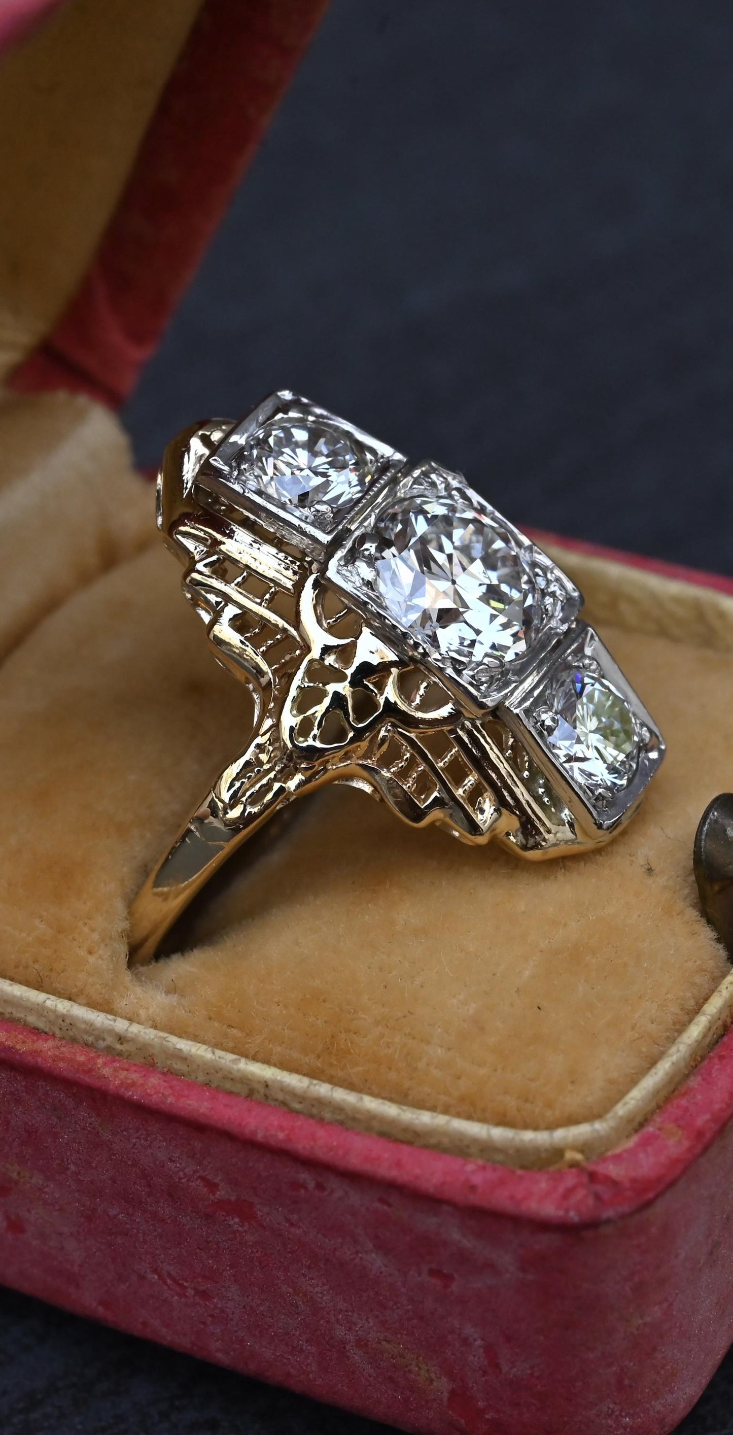 GIA Certified 14K Gold Art Deco Three-Stone Diamond Engagement Ring 2.00 TCW