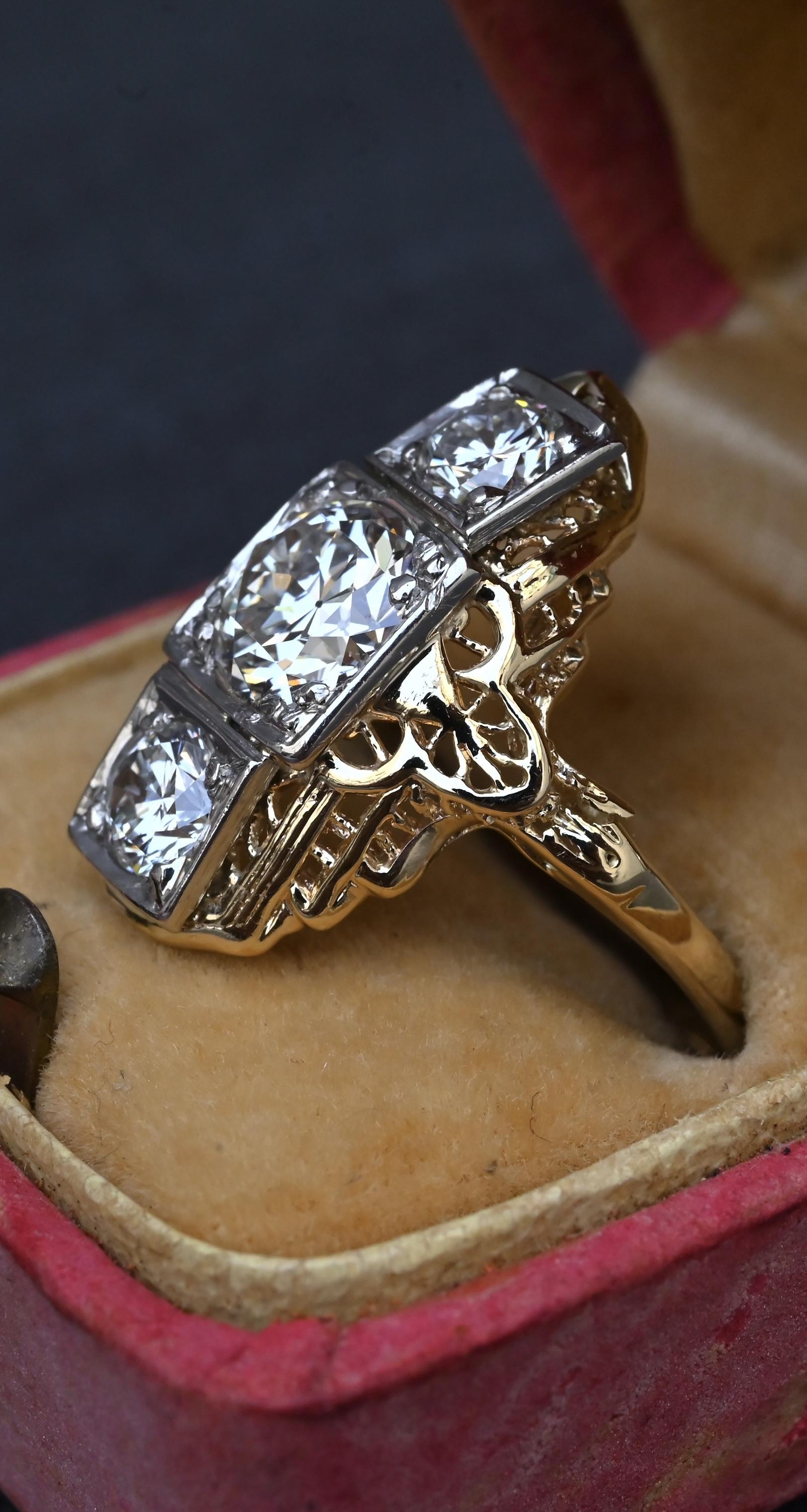 GIA Certified 14K Gold Art Deco Three-Stone Diamond Engagement Ring 2.00 TCW