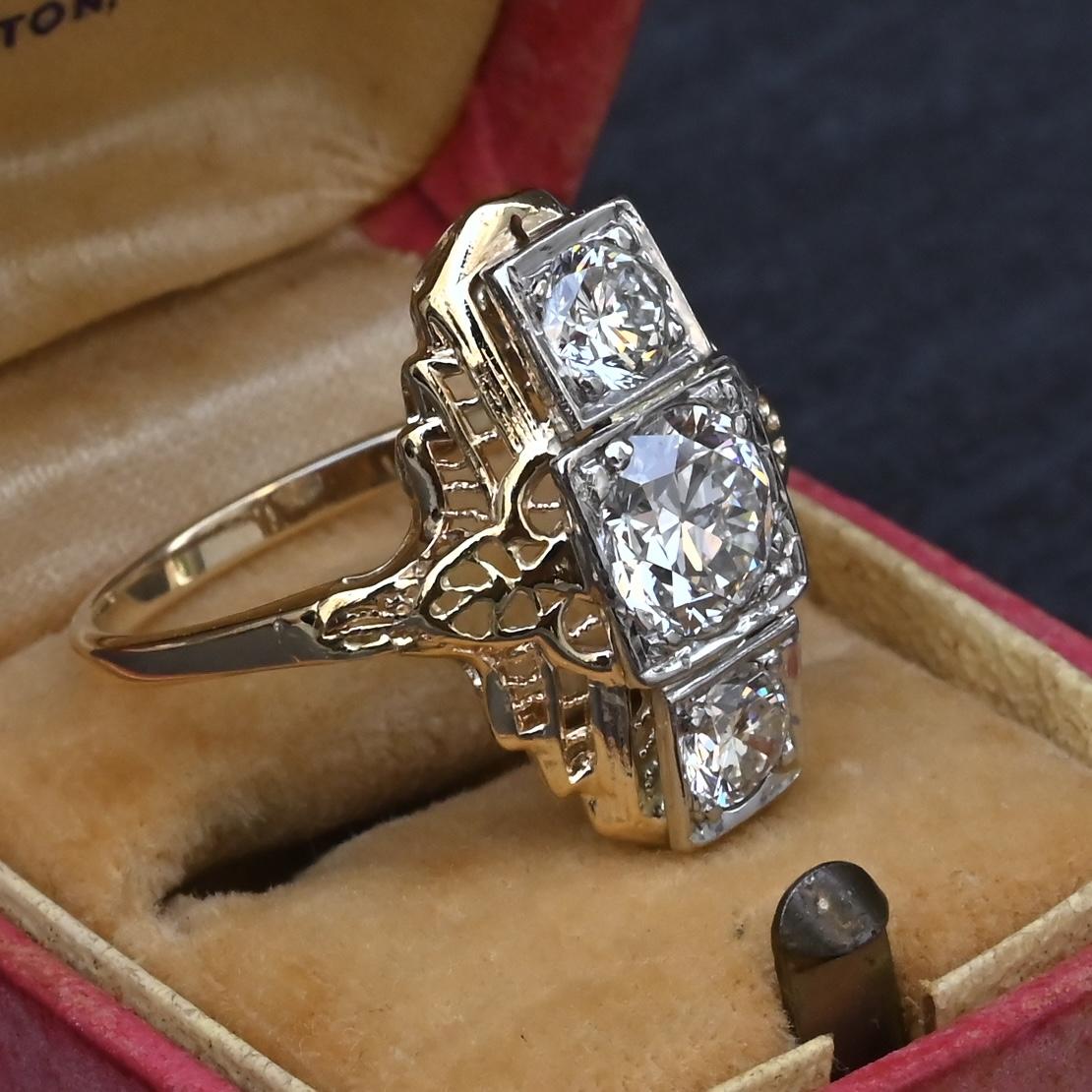 GIA Certified 14K Gold Art Deco Three-Stone Diamond Engagement Ring 2.00 TCW