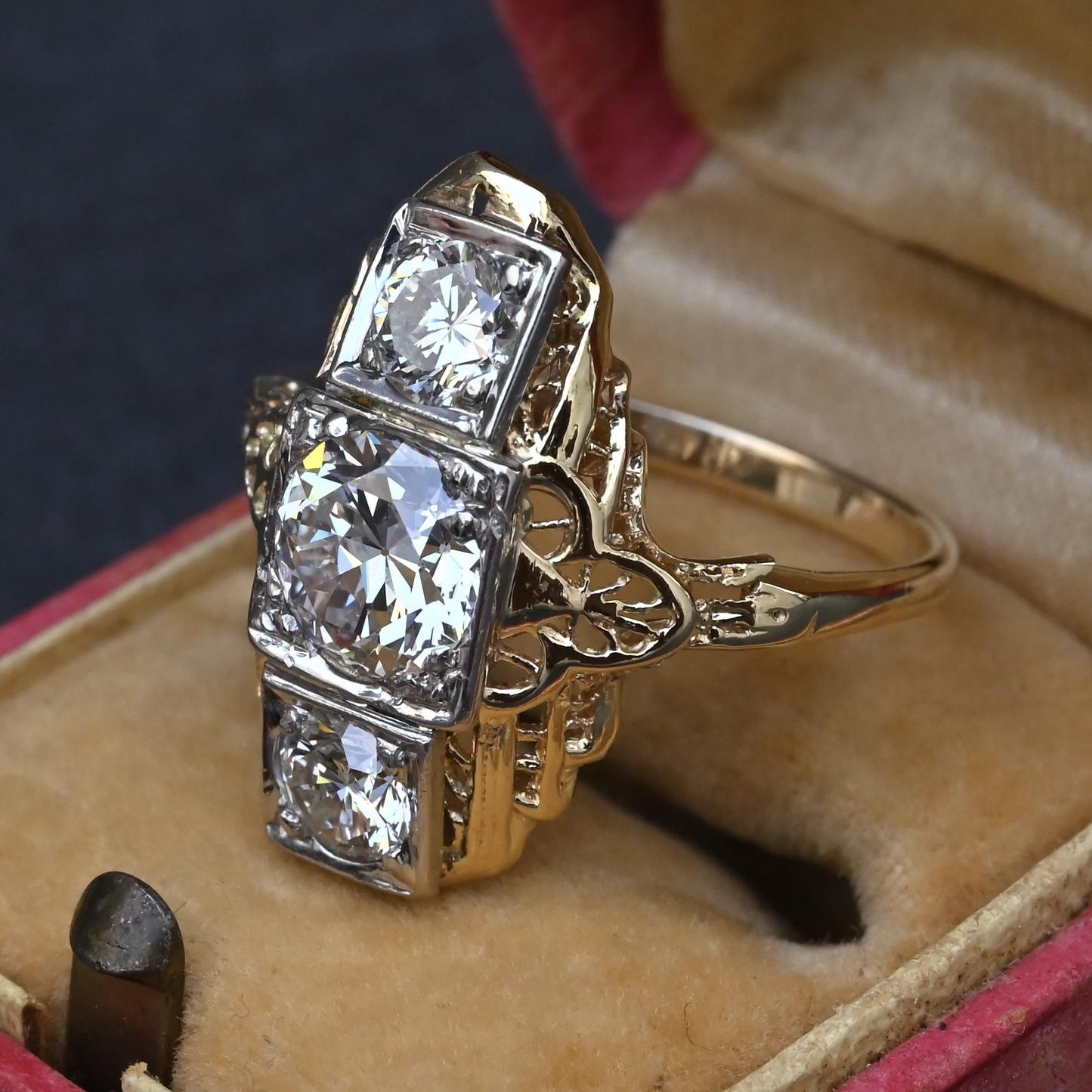GIA Certified 14K Gold Art Deco Three-Stone Diamond Engagement Ring 2.00 TCW